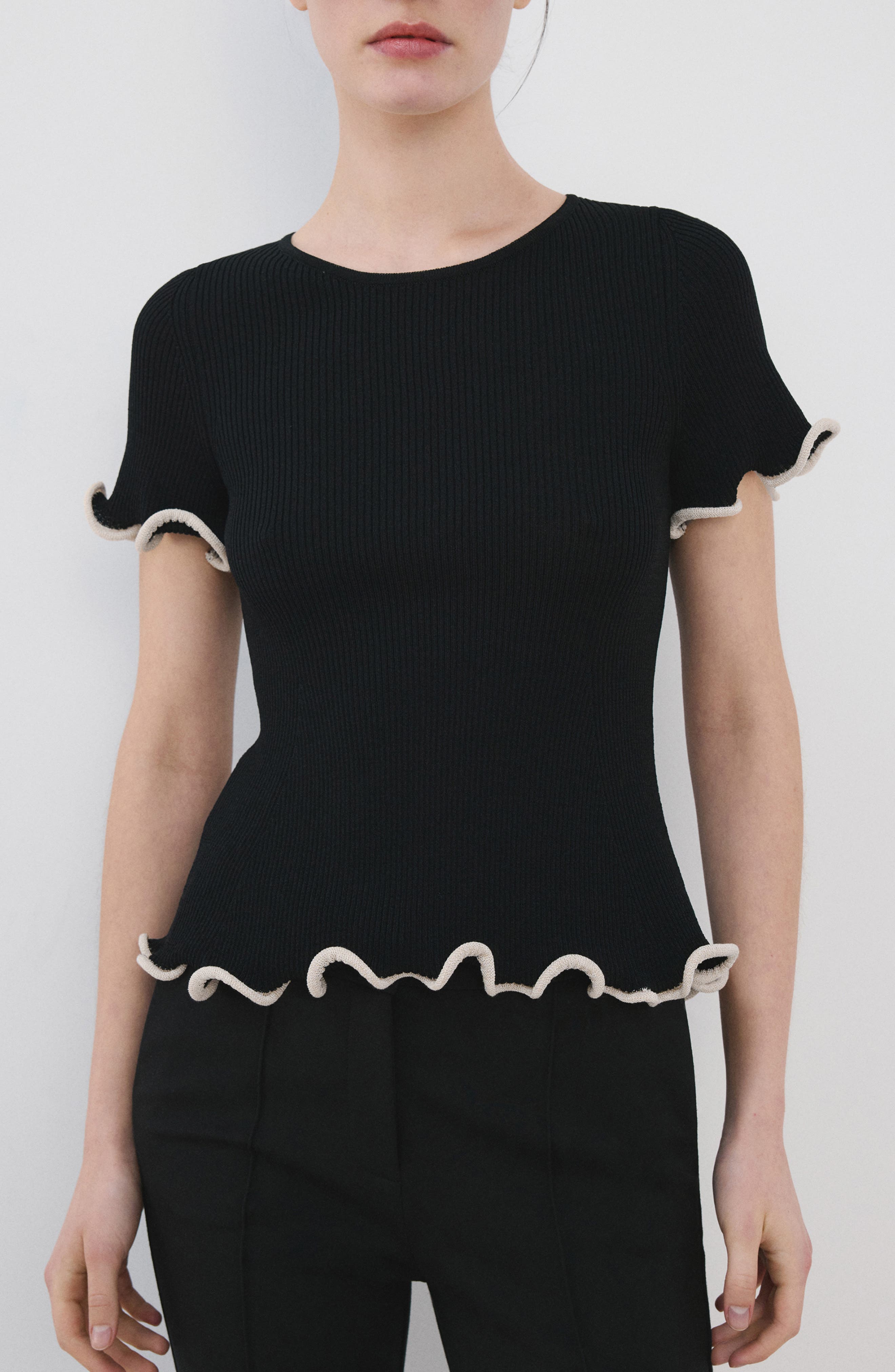 Ruffle Trim Short Sleeve Sweater - image 1