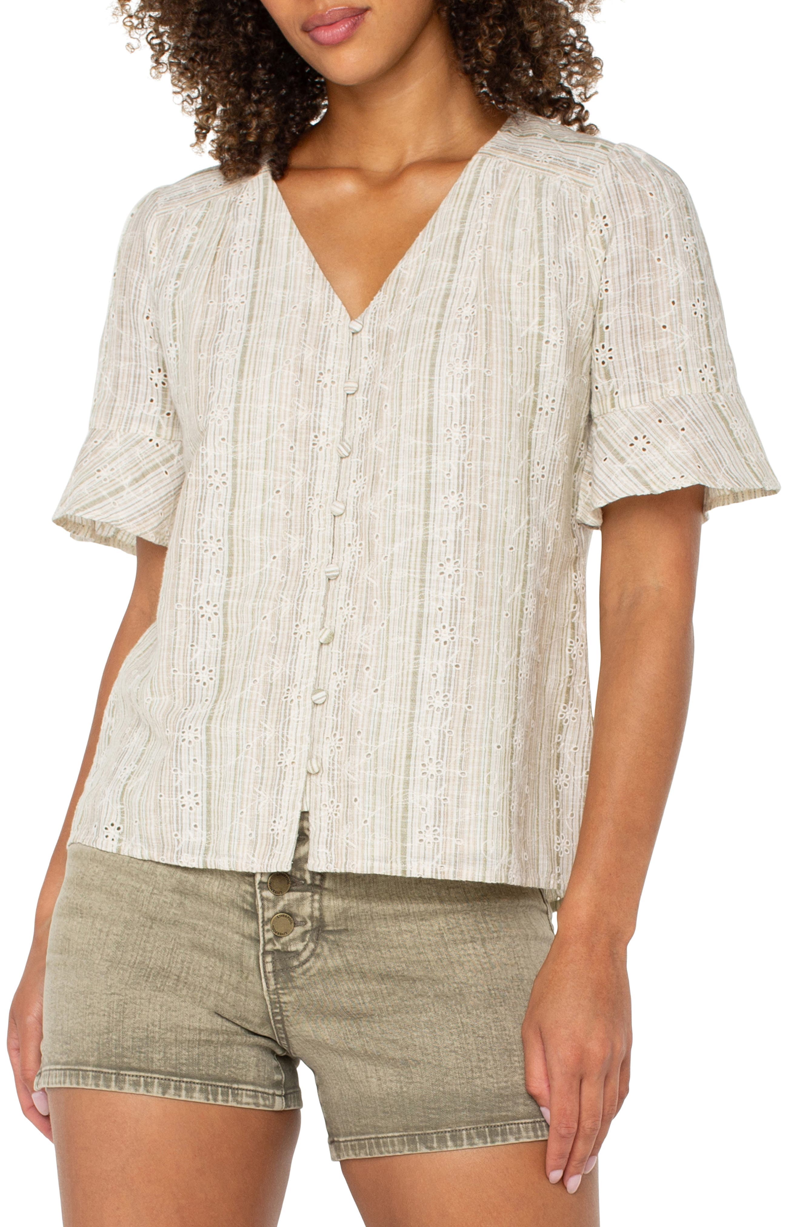 Stripe Eyelet Short Sleeve Button-Up Shirt - image 1