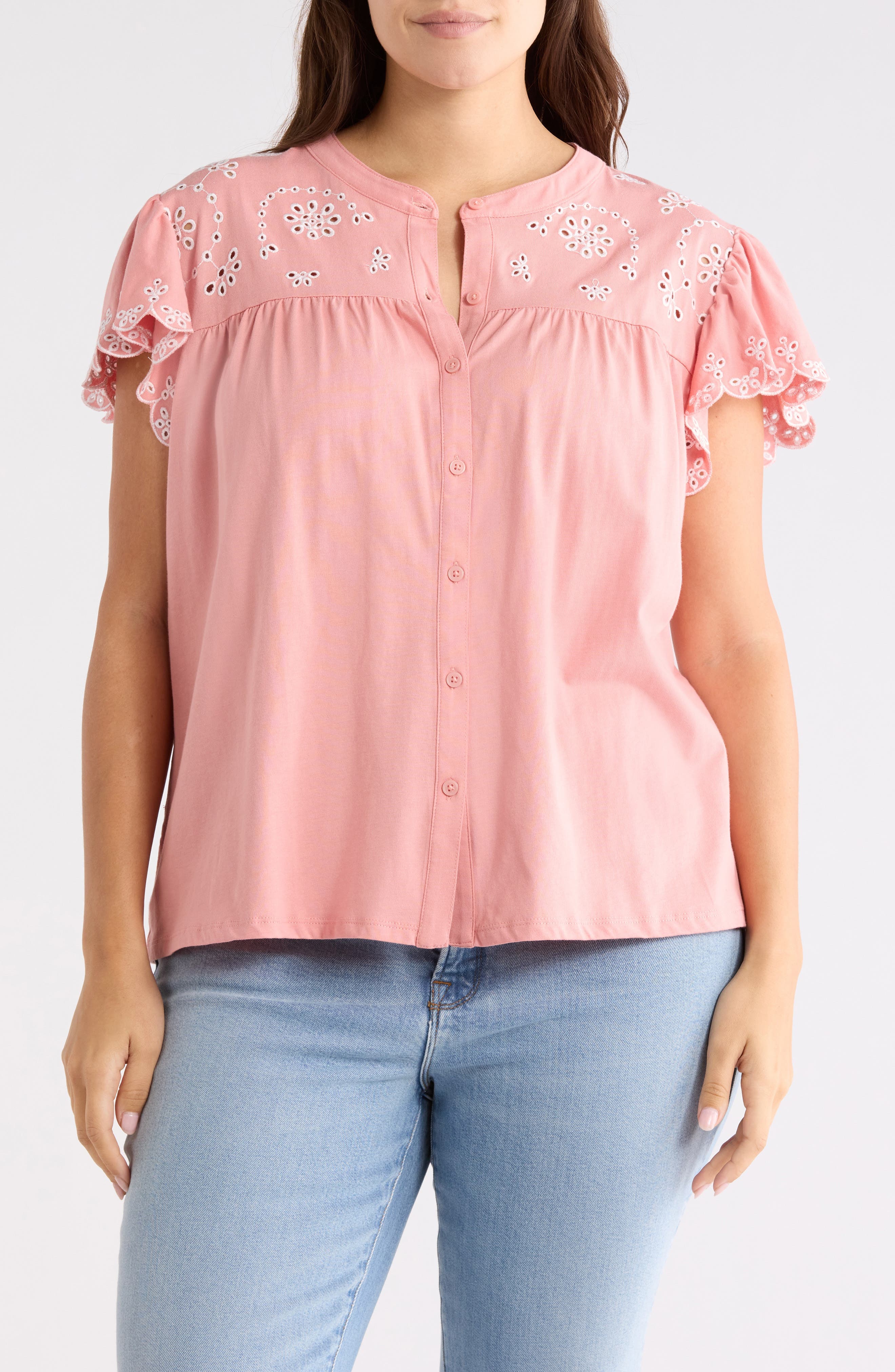 Eyelet Embroidery Flutter Sleeve Top - image 3