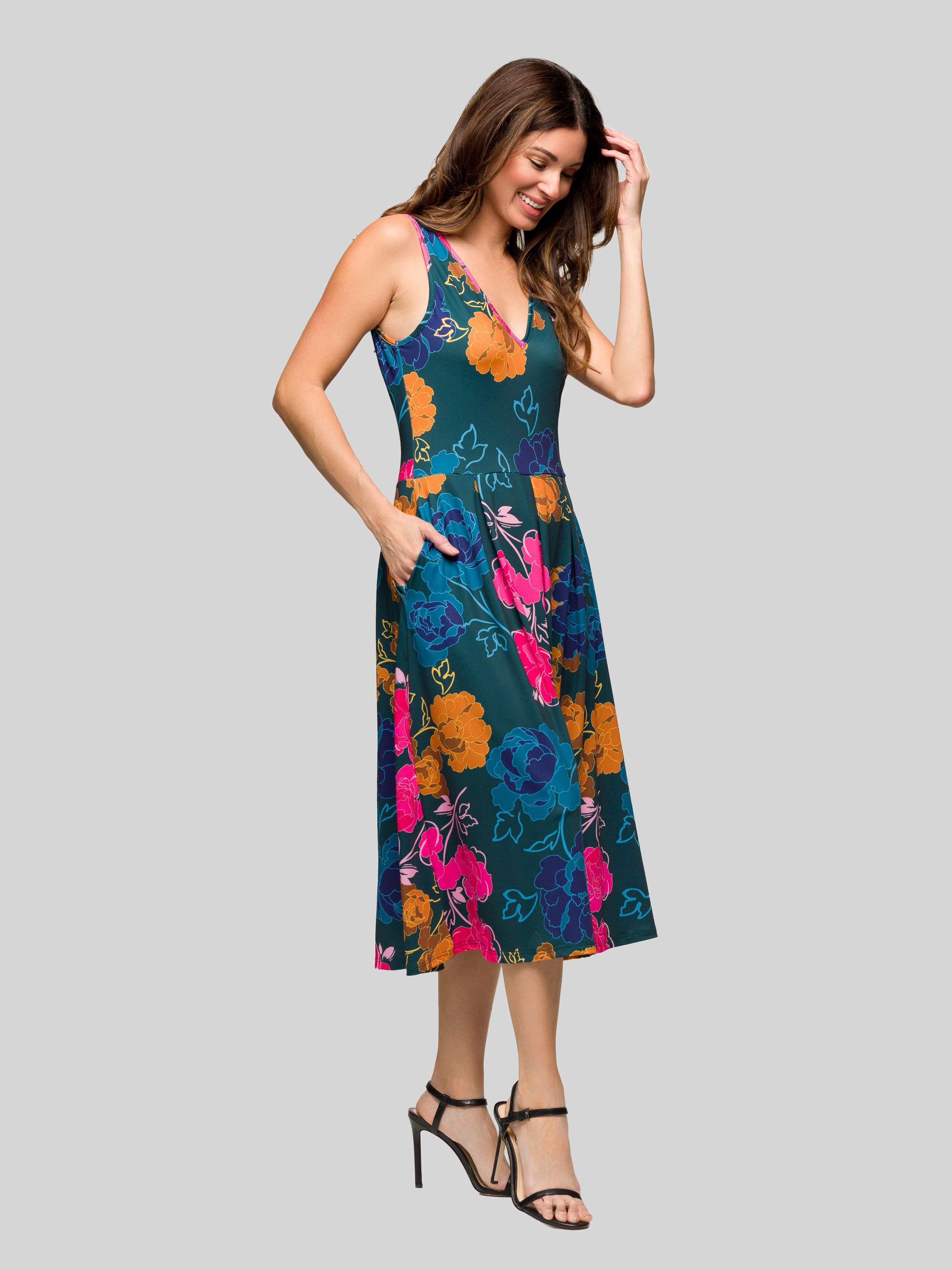 Midi Length Floral Print Sleeveless Pleated Pocket Dress - image 2