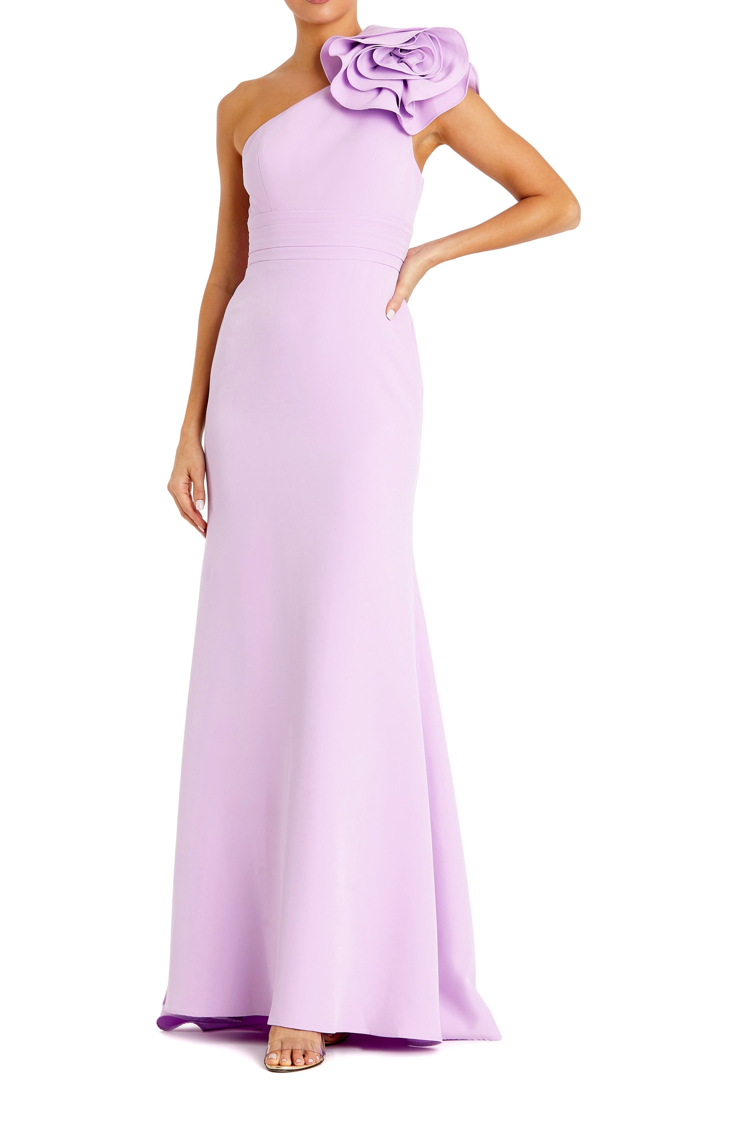 Crepe One Shoulder Gown With 3D Flower - image 1
