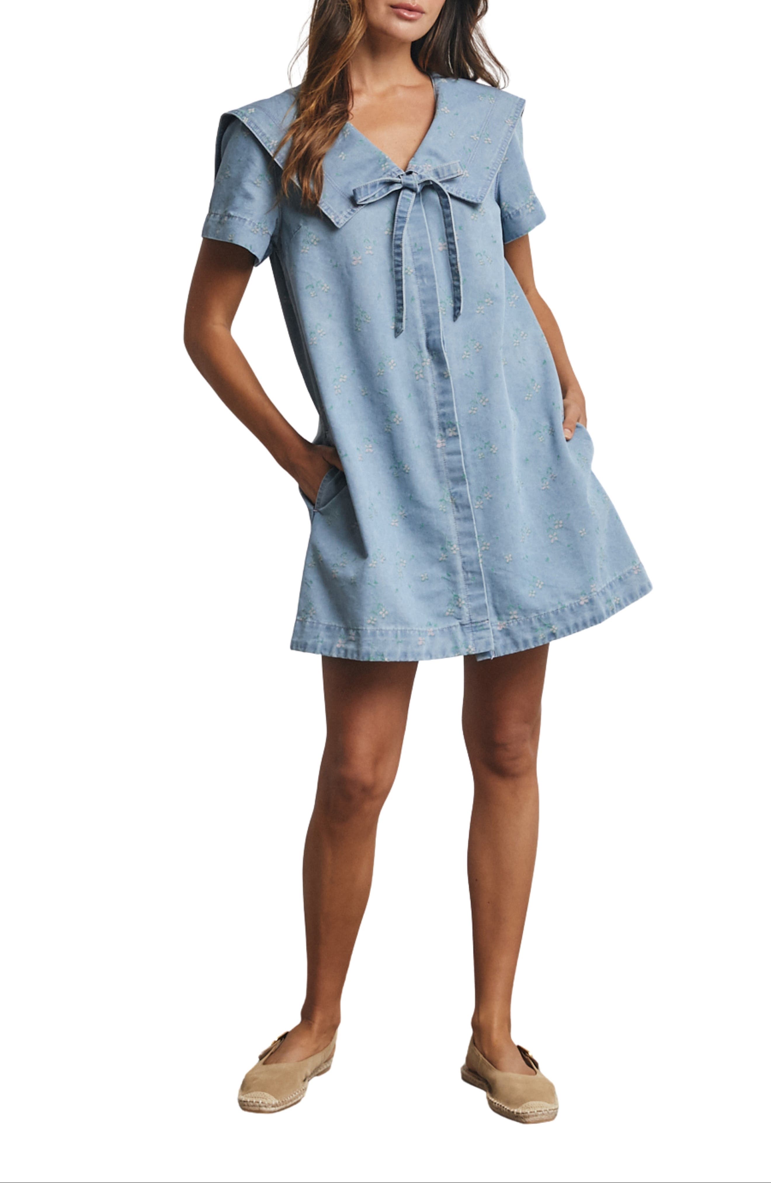 Collared Floral Denim Minidress - image 1