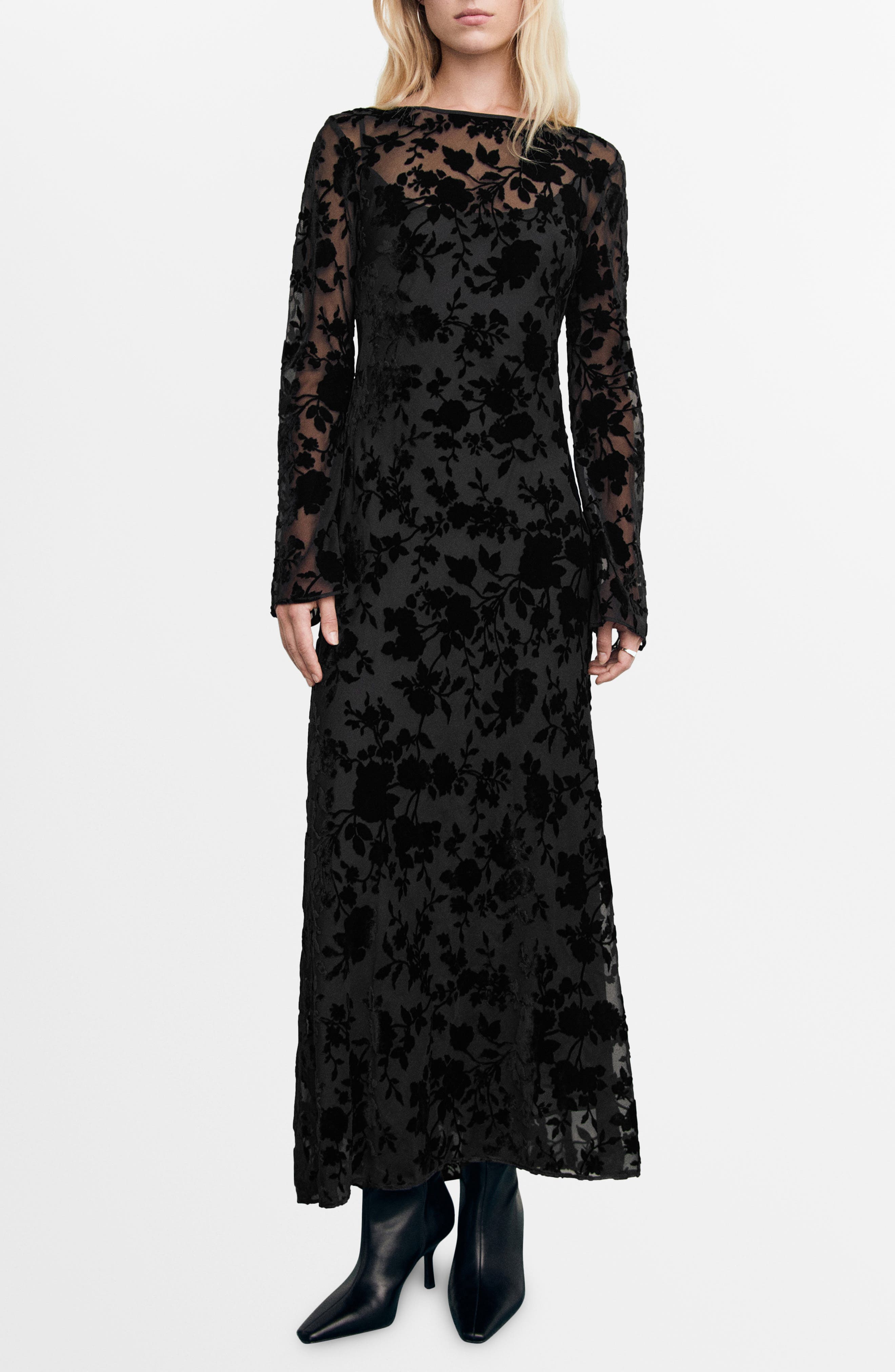 Floral Jacquard Long Bell Sleeve Maxi Dress - image 1