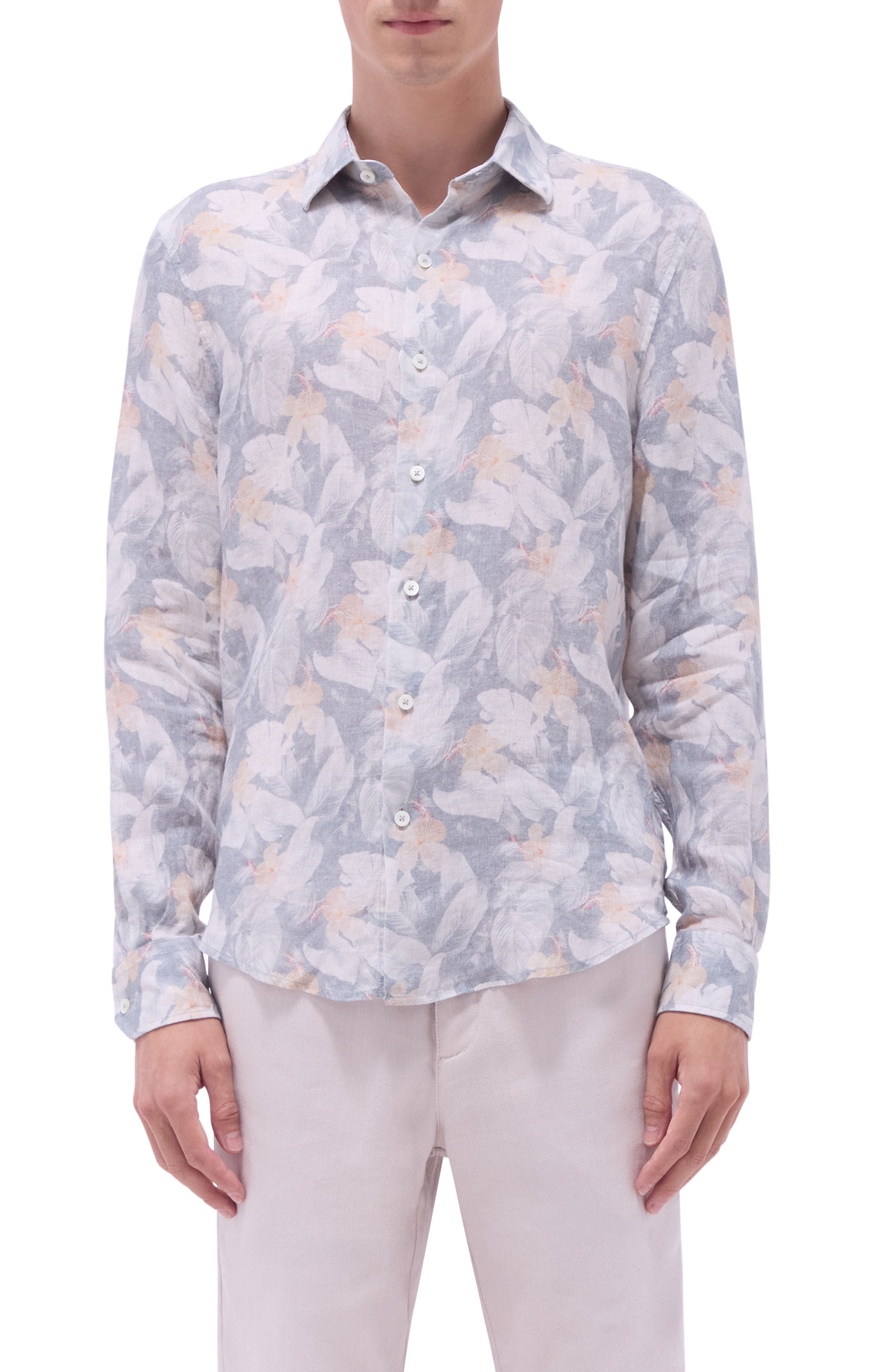 Julian Shaped Fit Floral Print Linen Button-Up Shirt - image 1