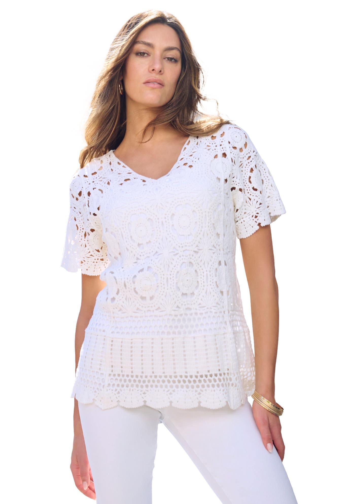 Plus Size Medallion Pattern French Crochet Sweater Top - image 1