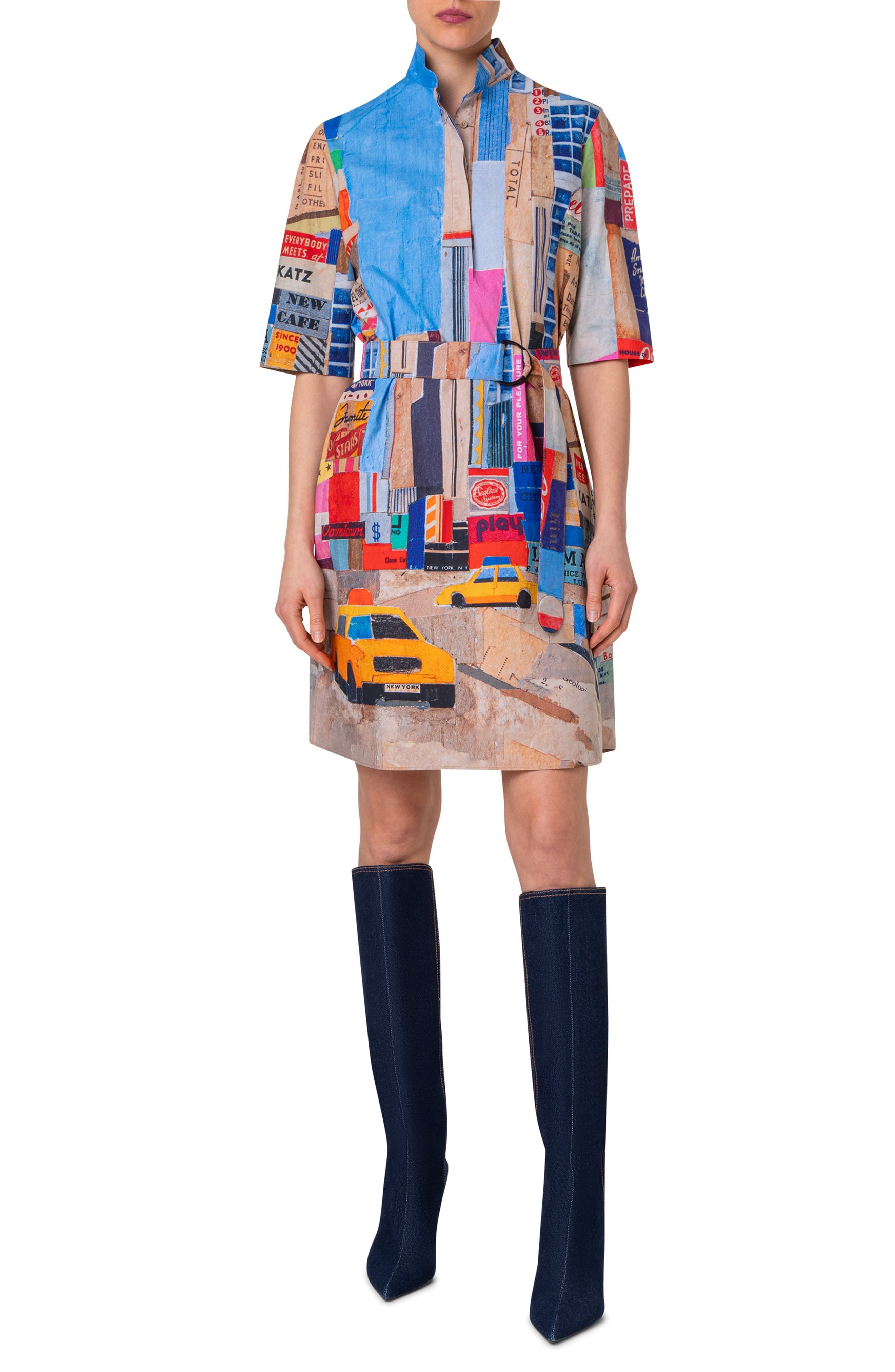 NYC Paper Collage Print Belted Cotton Poplin Shirtdress - image 1