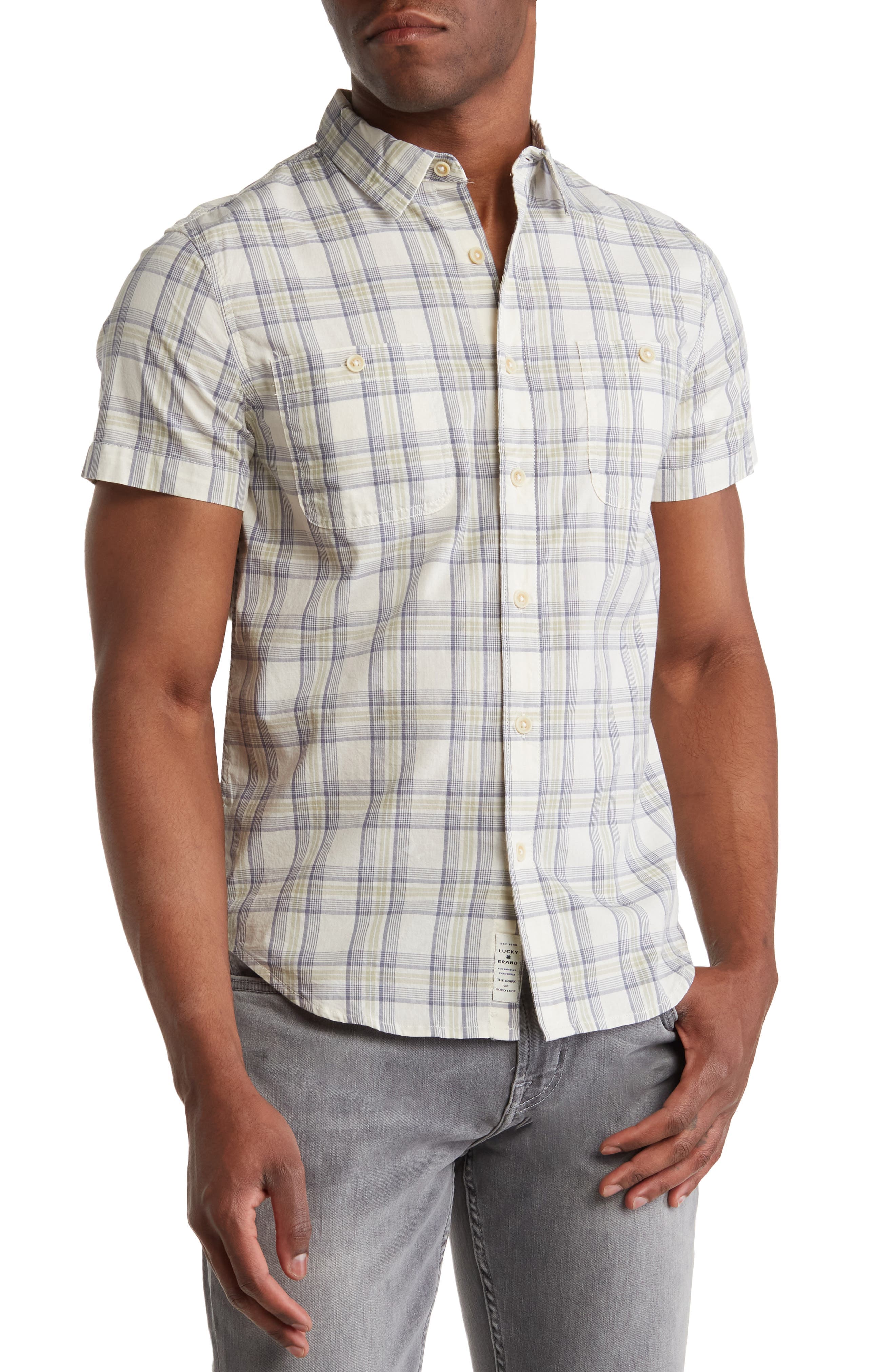 Mason Plaid Short Sleeve Stretch Cotton Button-Up Shirt - image 1