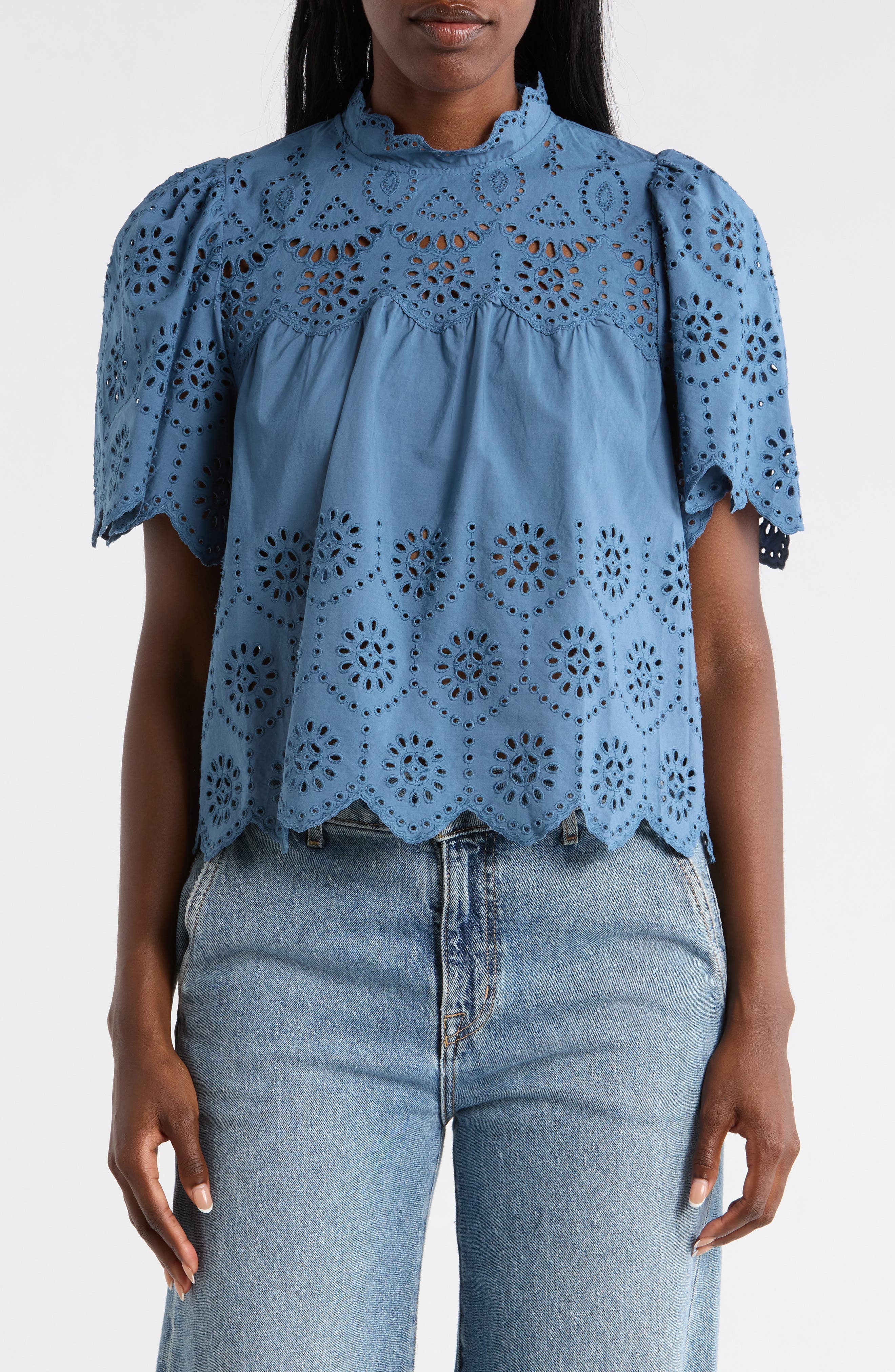 Embroidered Eyelet Short Sleeve Cotton Top - image 5