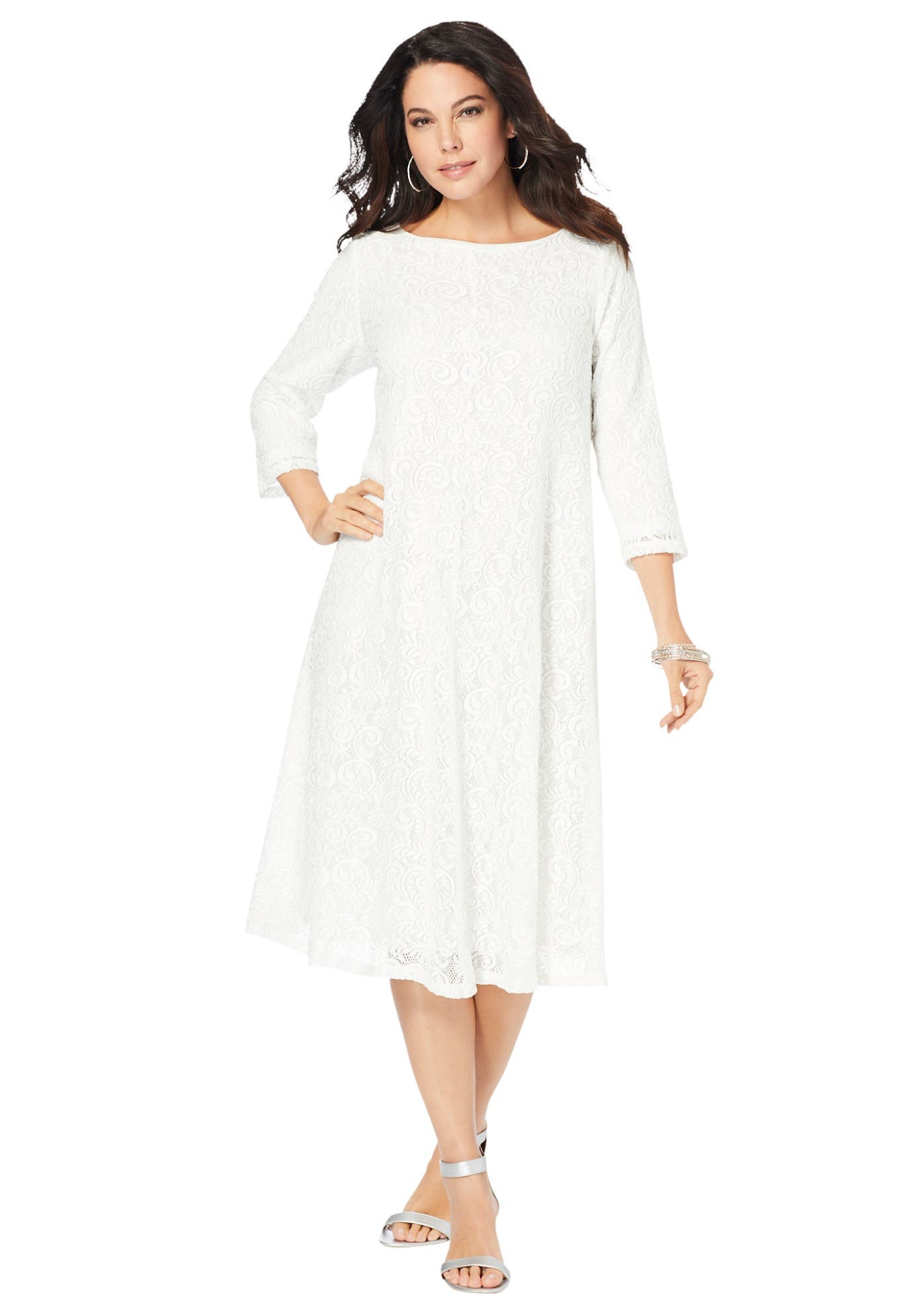 Plus-Size 3/4 Sleeve Boatneck Lace Swing Dress - image 3