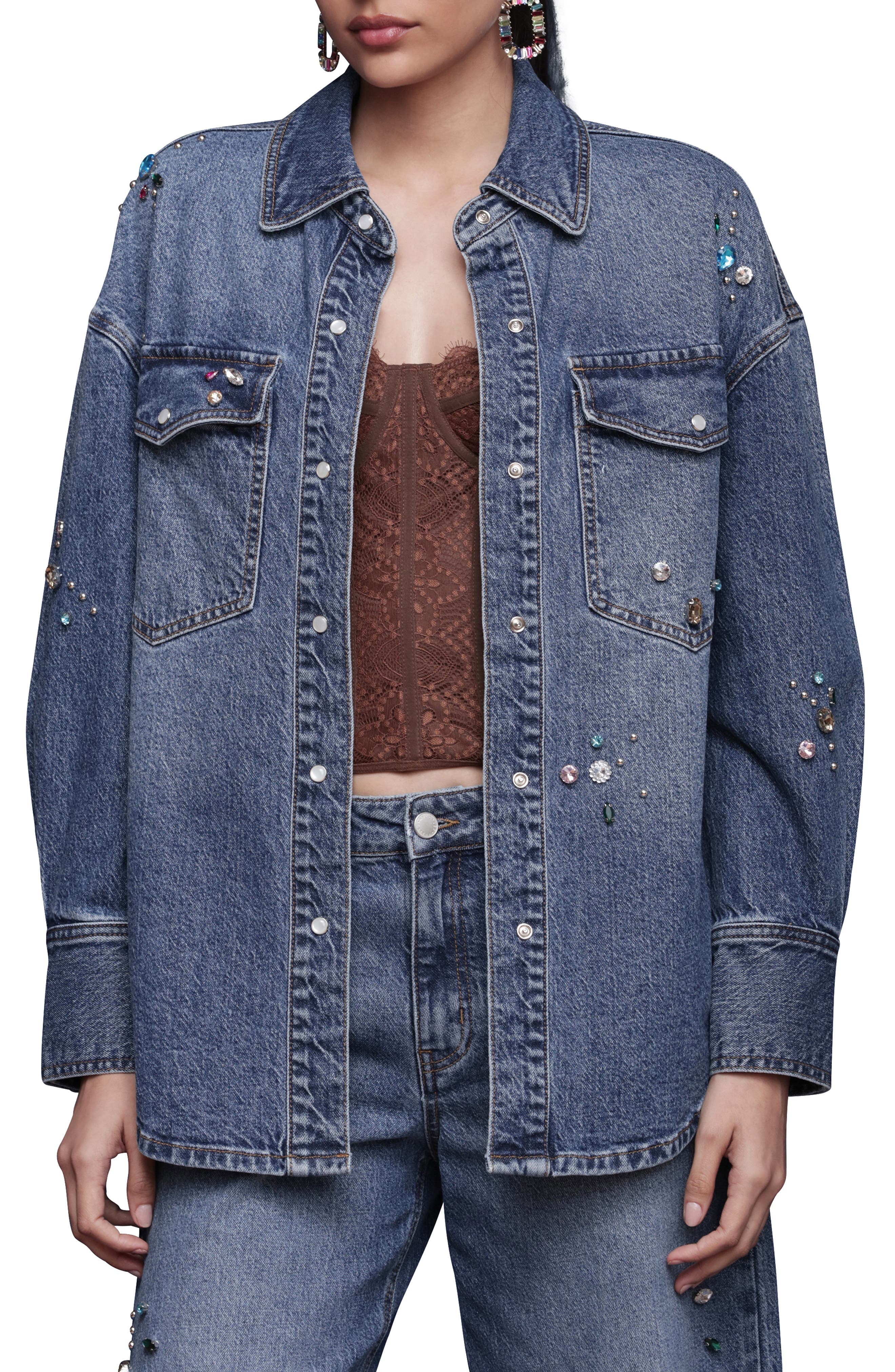 Oversize Jewel Embellished Denim Snap-Up Shirt - image 1