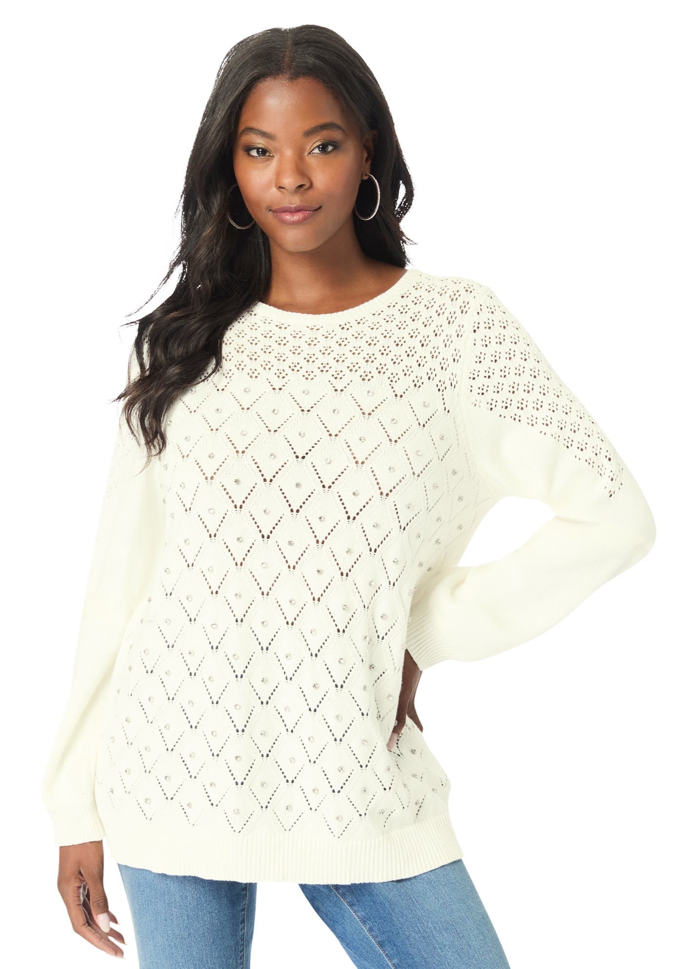 Rhinestone Pointelle Knit Sweater - image 3
