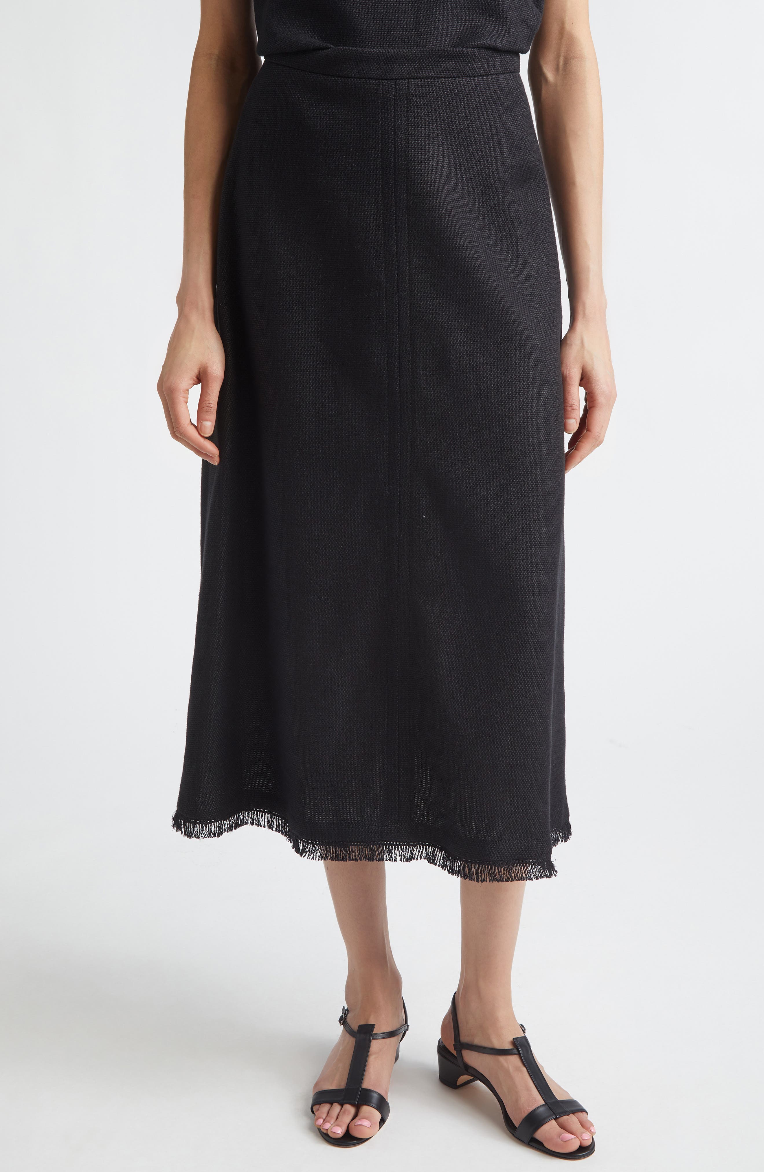 Fringe Stretch Linen & Cotton Basket Weave A-Line Skirt - image 1