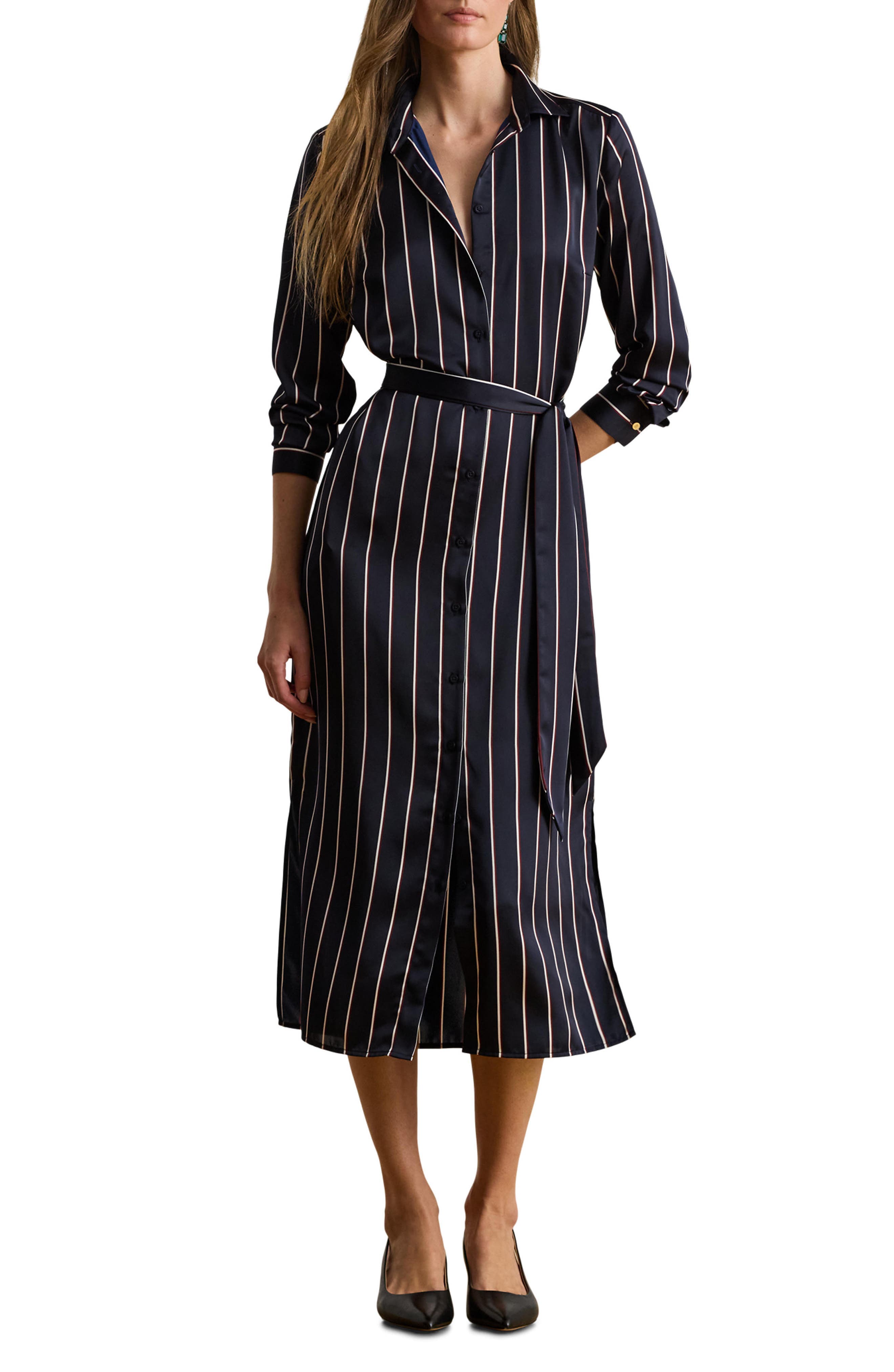 Striped Satin Charmeuse Shirtdress - image 1