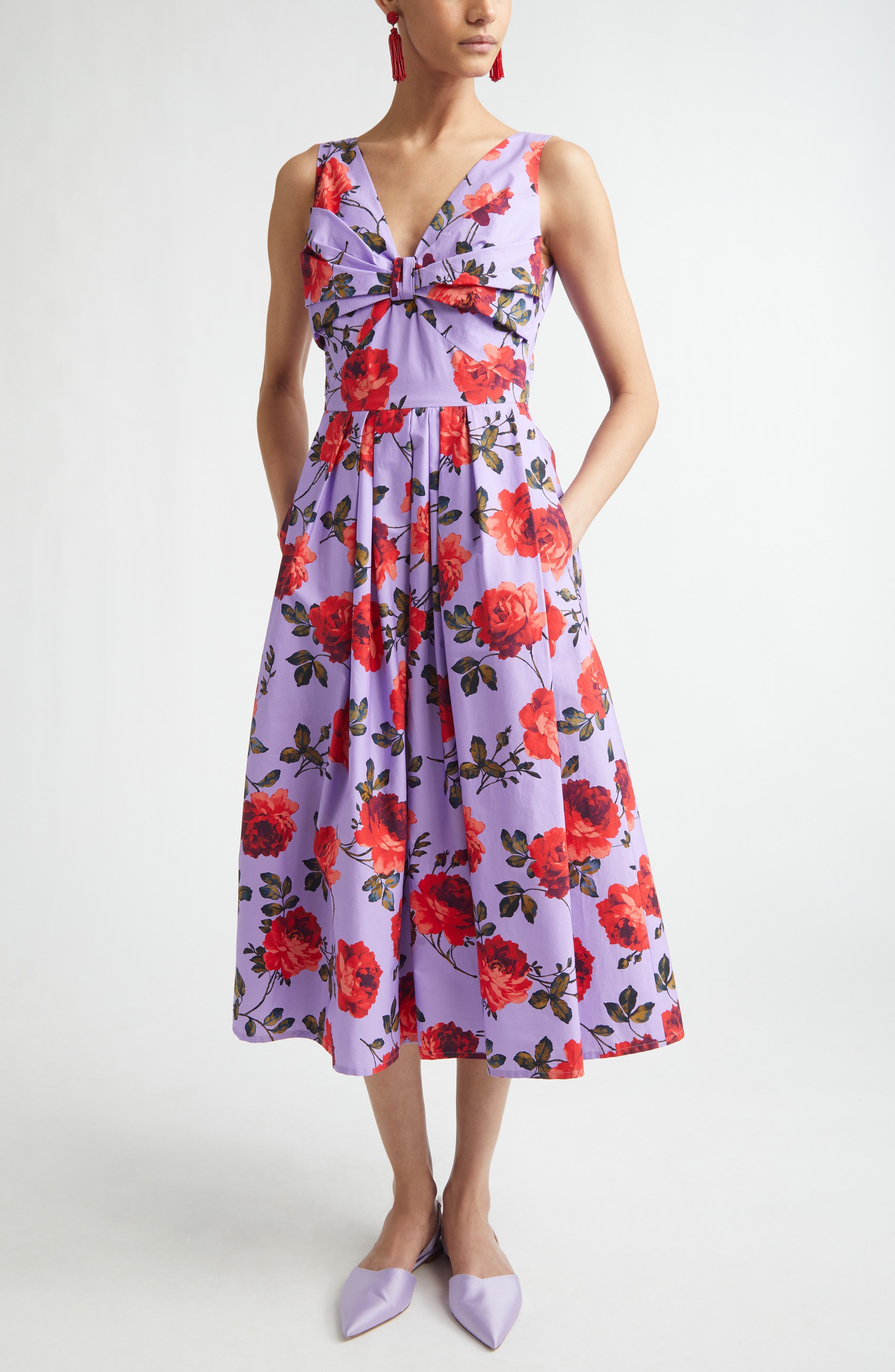 Rose Print Stretch Poplin A-Line Midi Dress - image 1