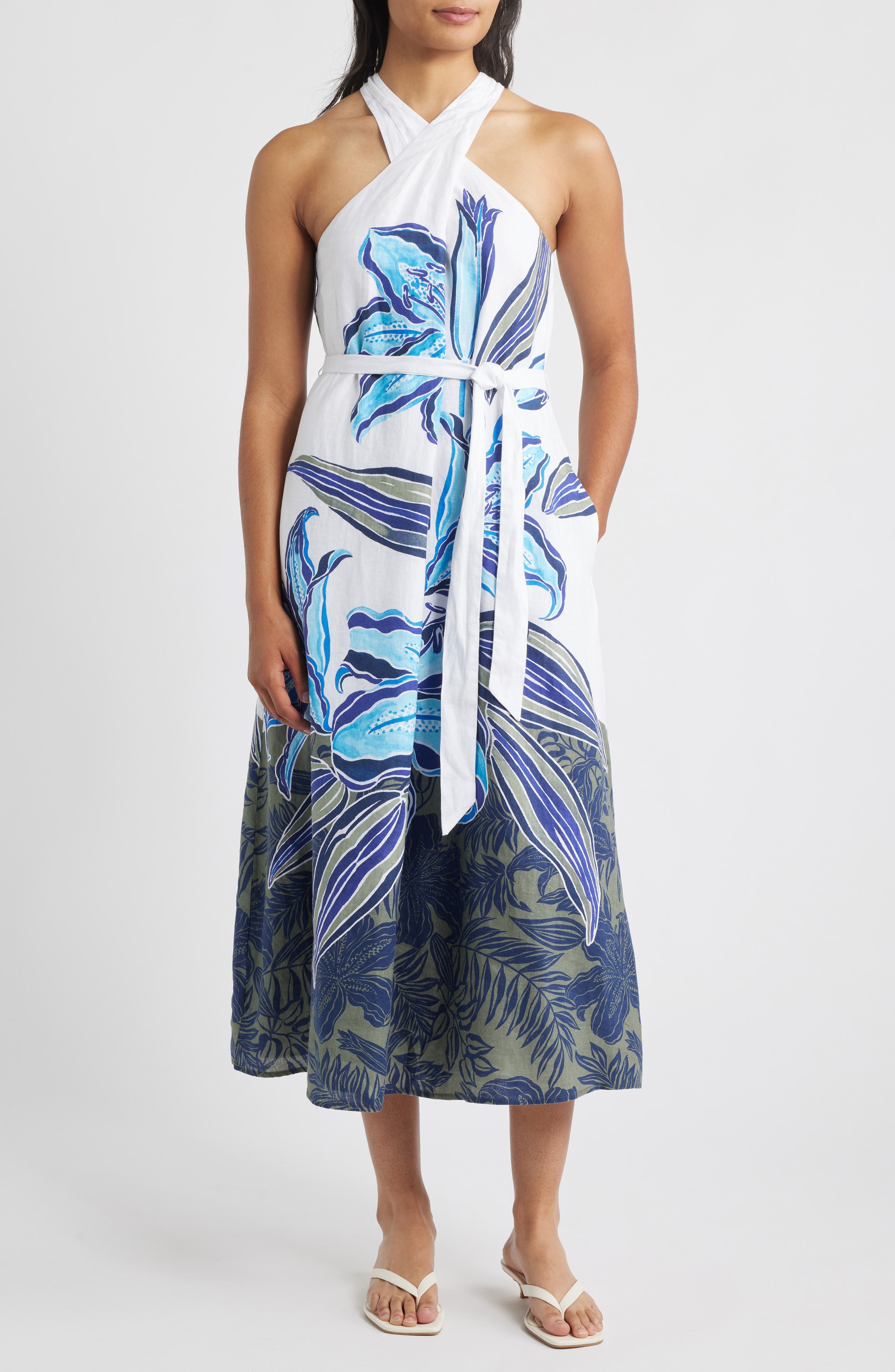 Regal Blooms Tie Waist Linen Midi Dress - image 1