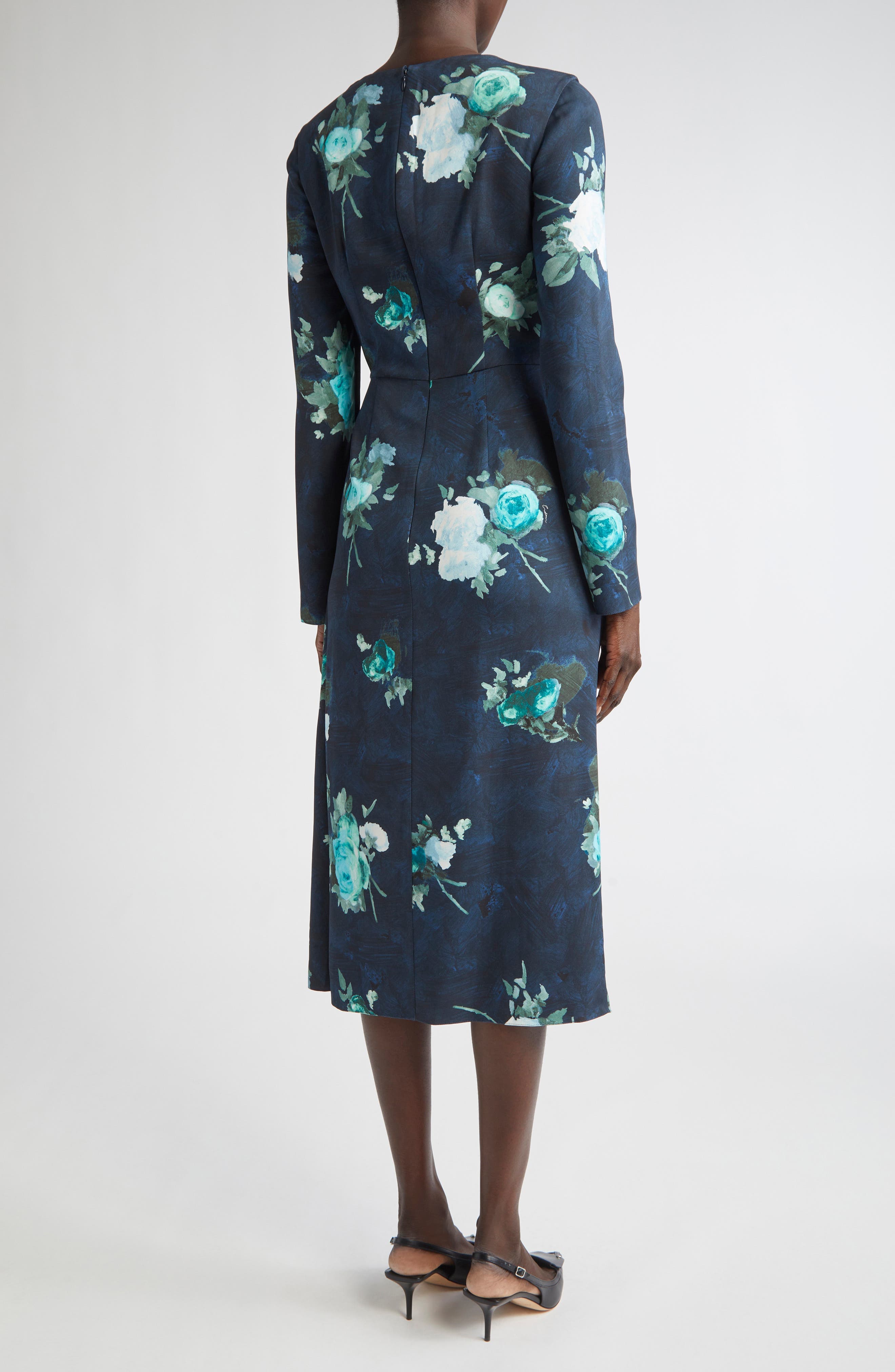 Abstract Rose Print Draped Long Sleeve Stretch Cady Midi Dress - image 2