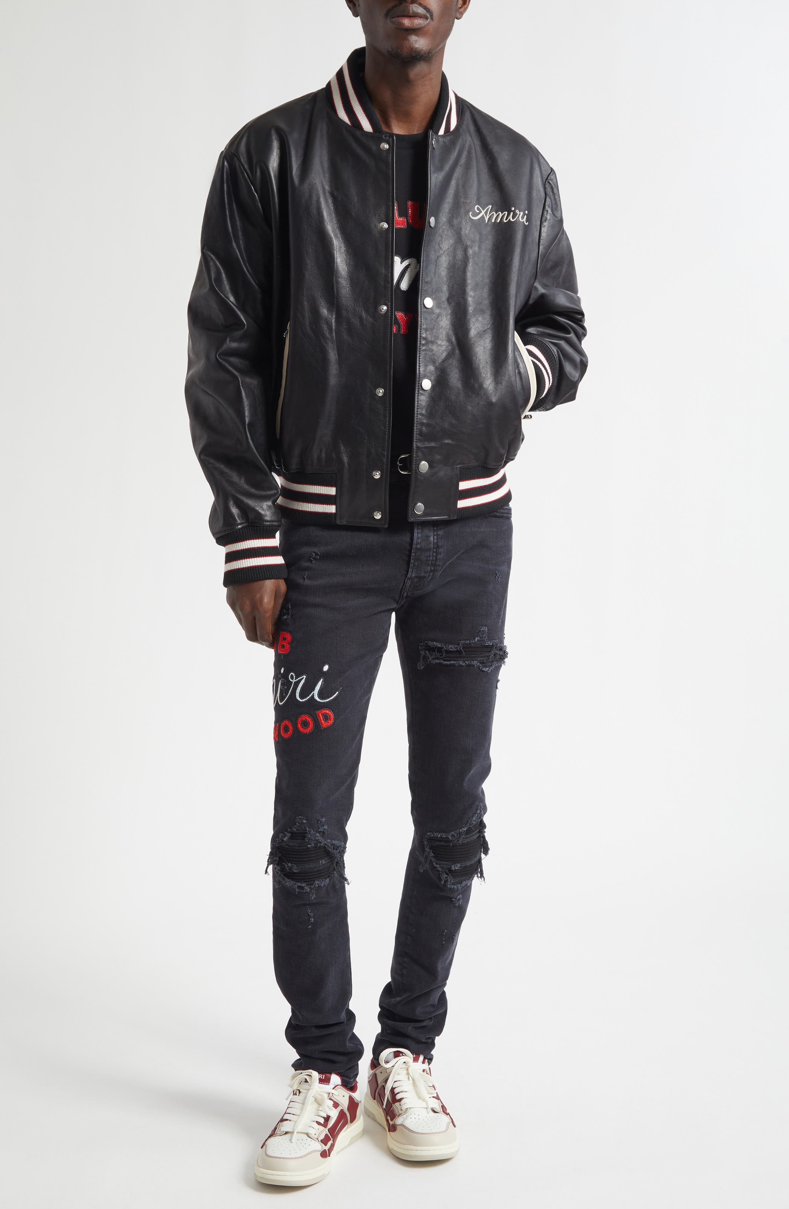 MX1 Crystal Embellished Club Amiri Applique Rip & Repair Skinny Jeans - image 2