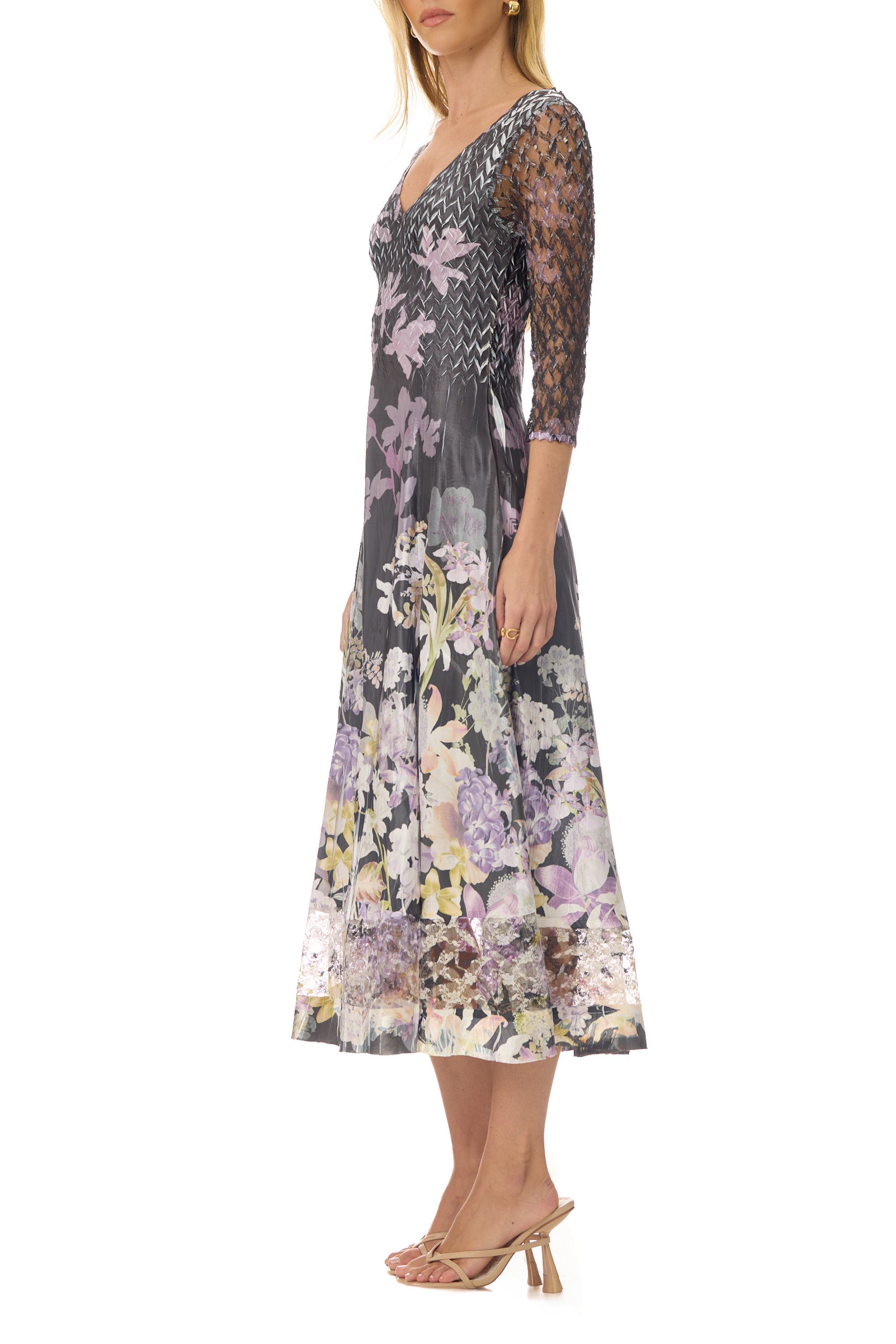 Floral Border Charmuese Dress with Lace Sleeves - image 2