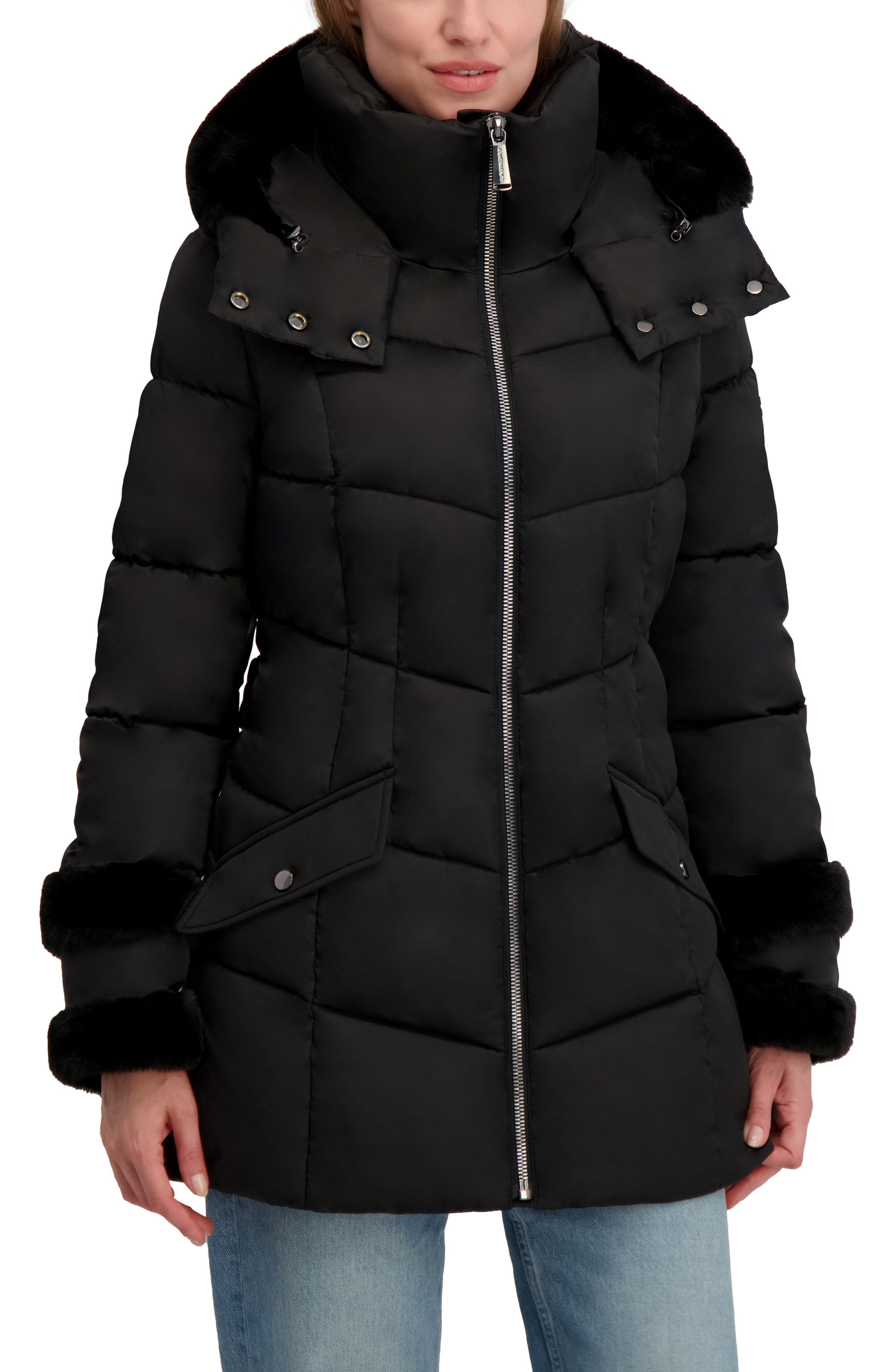Petal Faux Fur Trim Hooded Puffer Jacket - image 1
