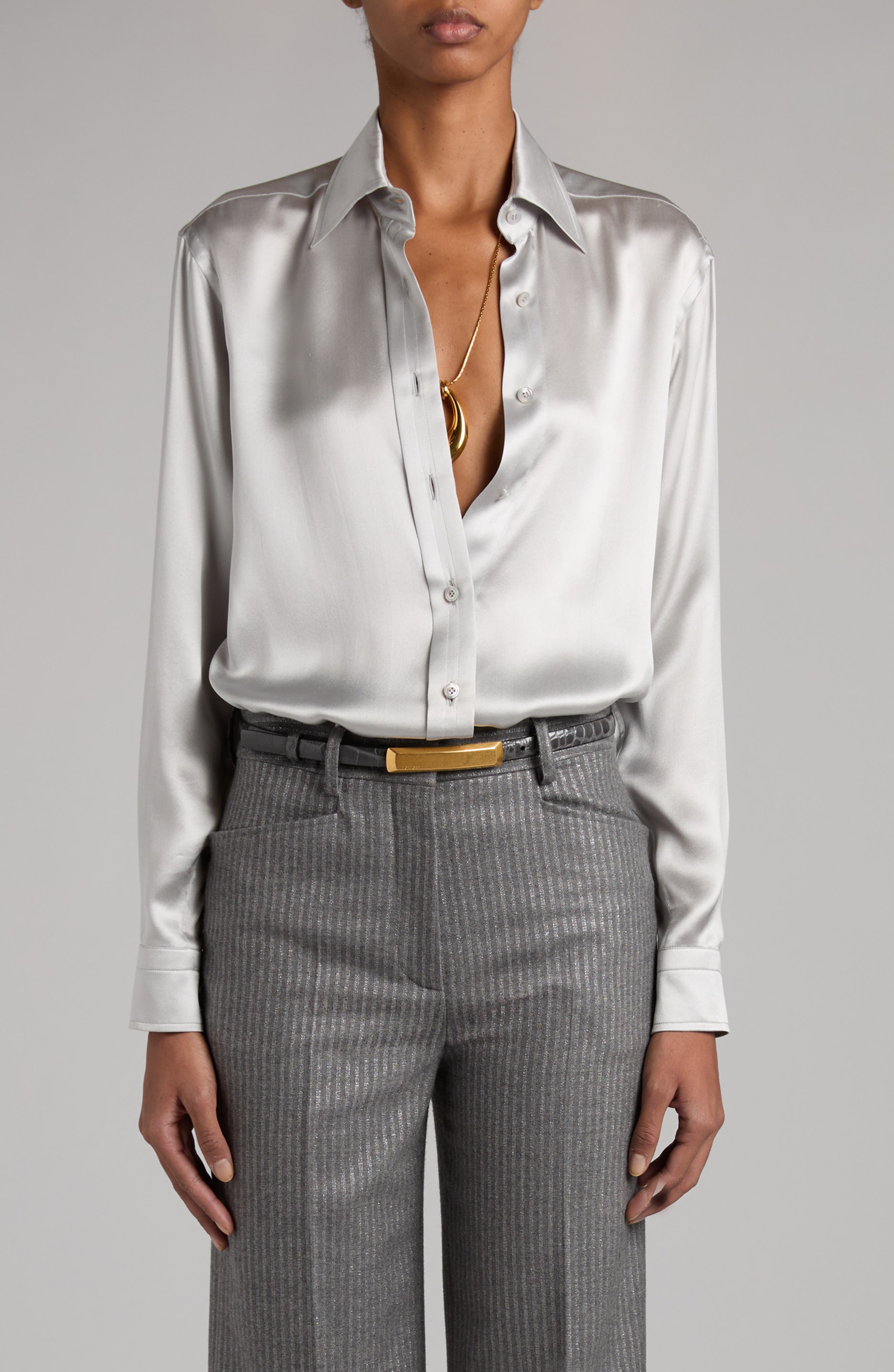 Pleated Silk Charmeuse Button-Up Shirt - image 1