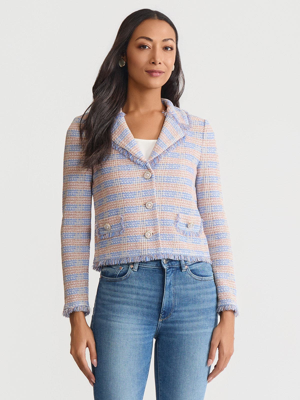 Relaxed Plaid Fringe Trim Knit Jacket - image 3