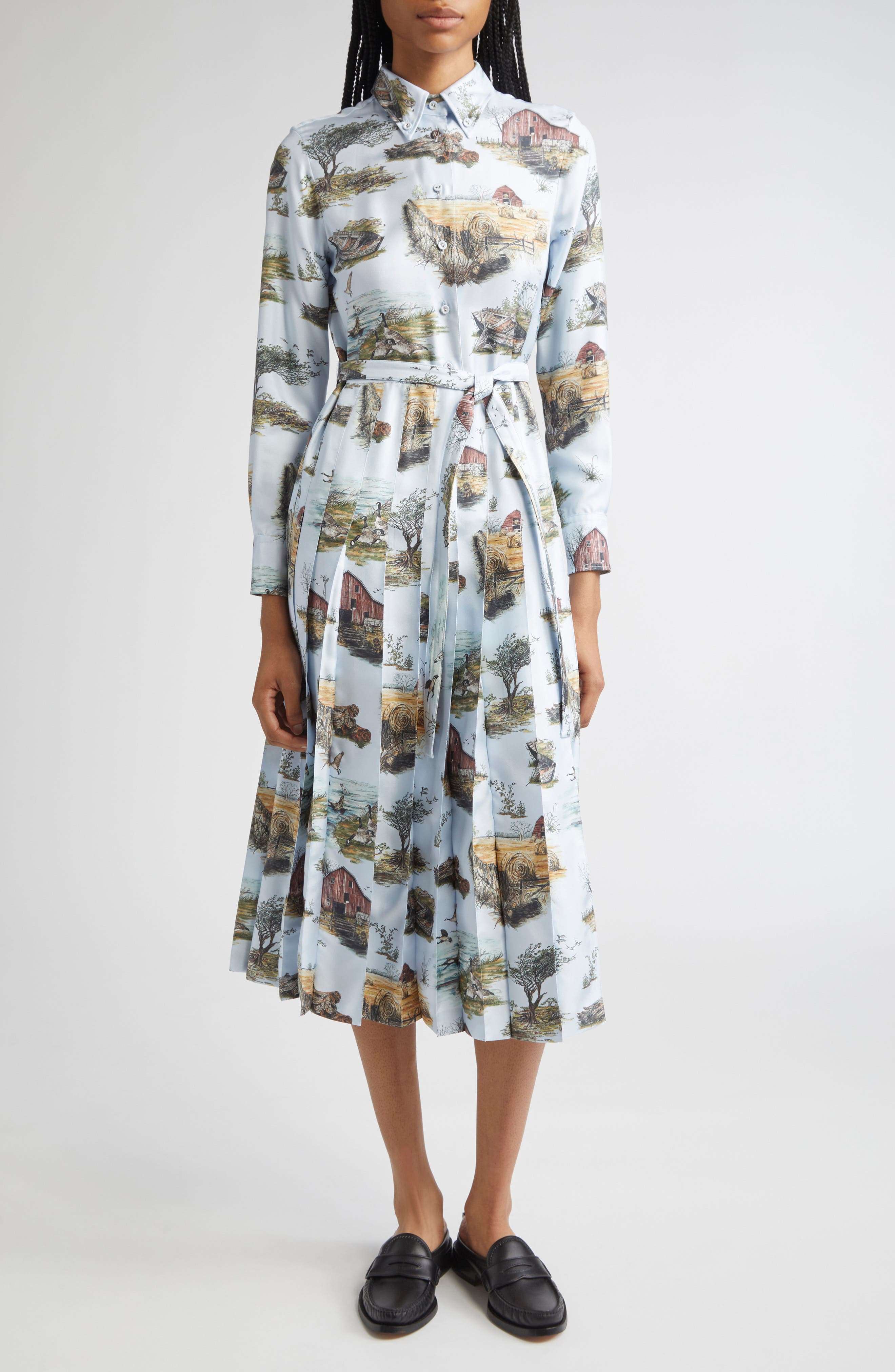 Long Sleeve Pleated Silk Toile Midi Shirtdress - image 1