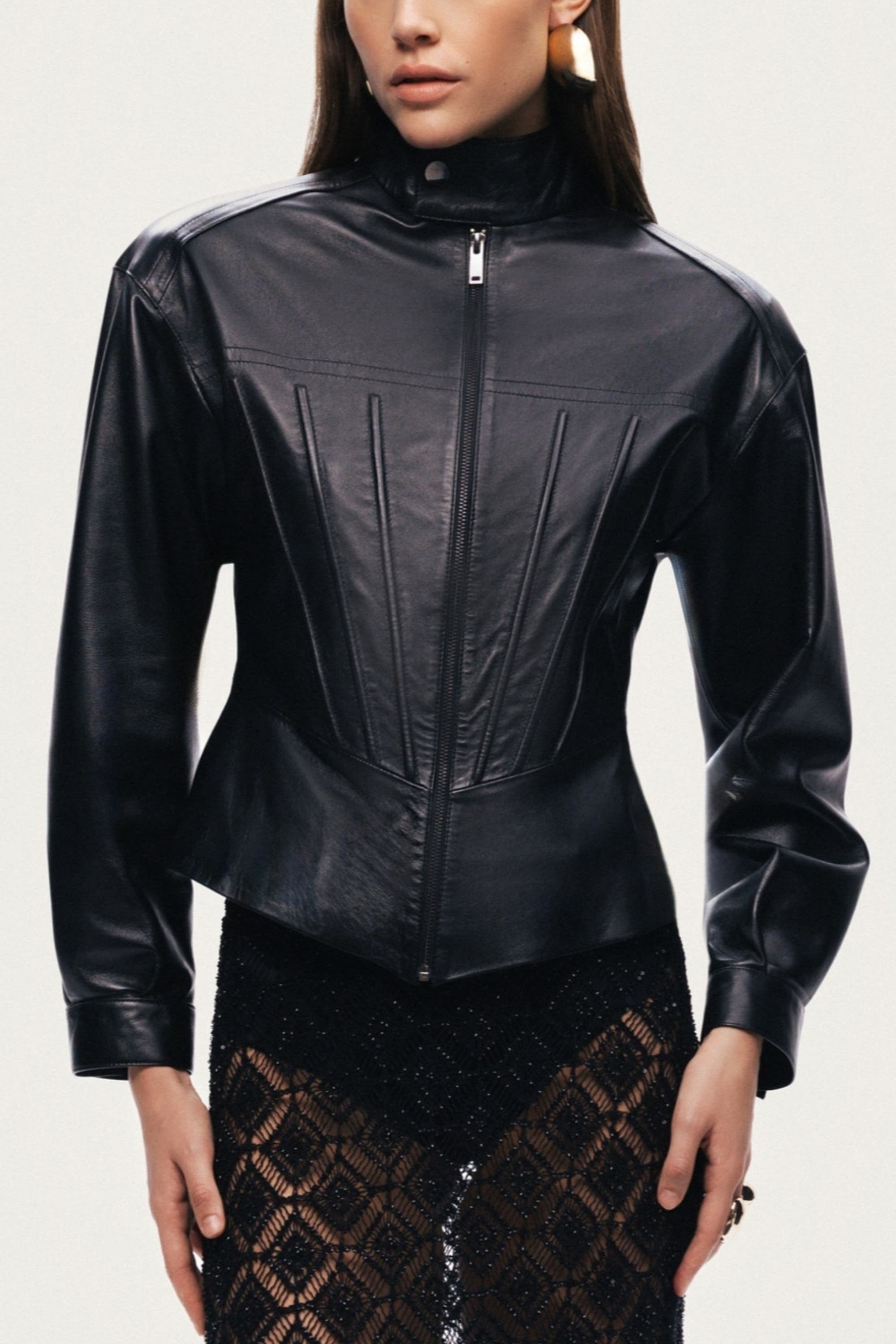 Zip-Front Fitted Leather Jacket - image 1