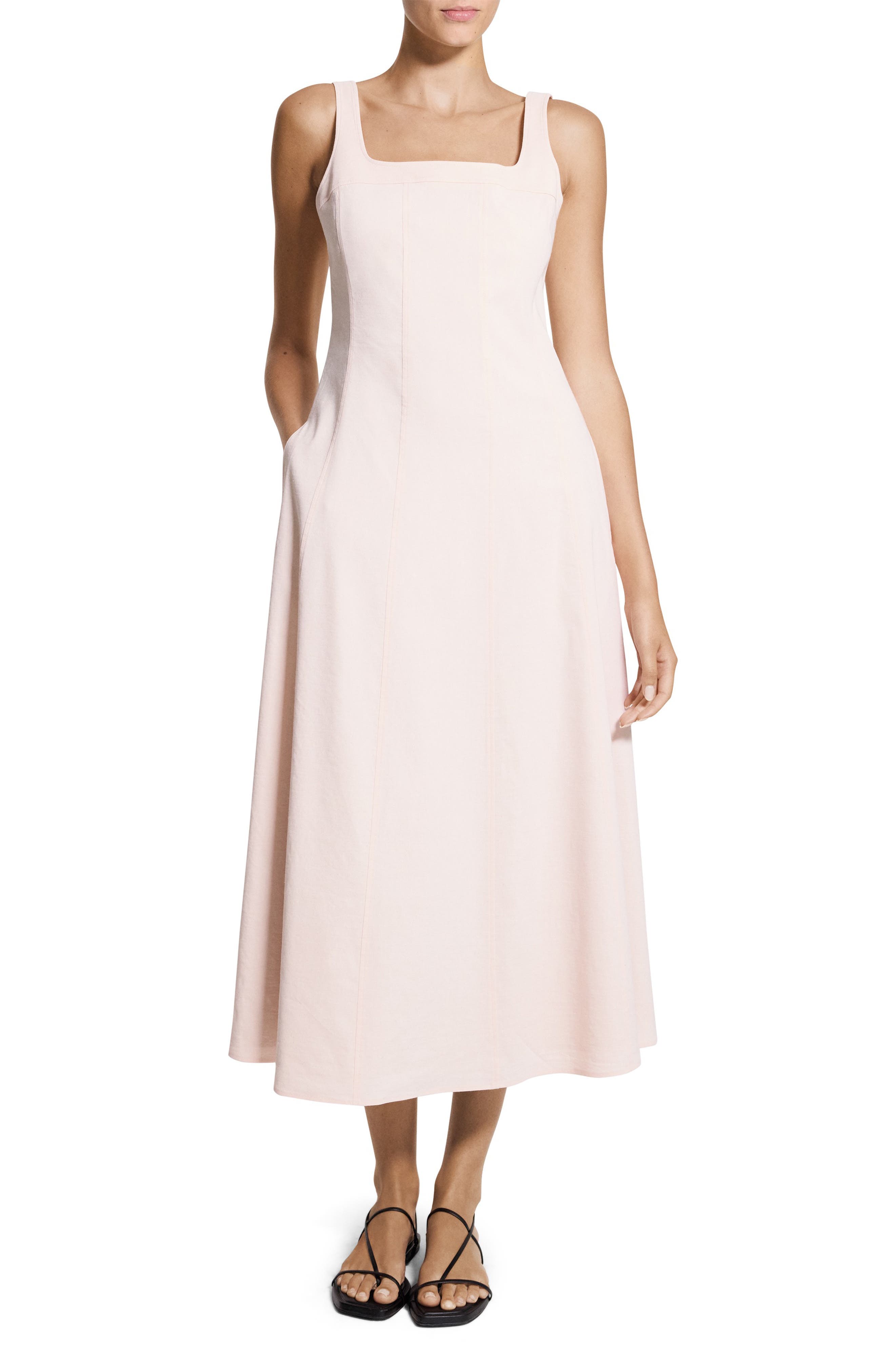 Square Neck Stretch Linen Blend Midi Dress - image 1