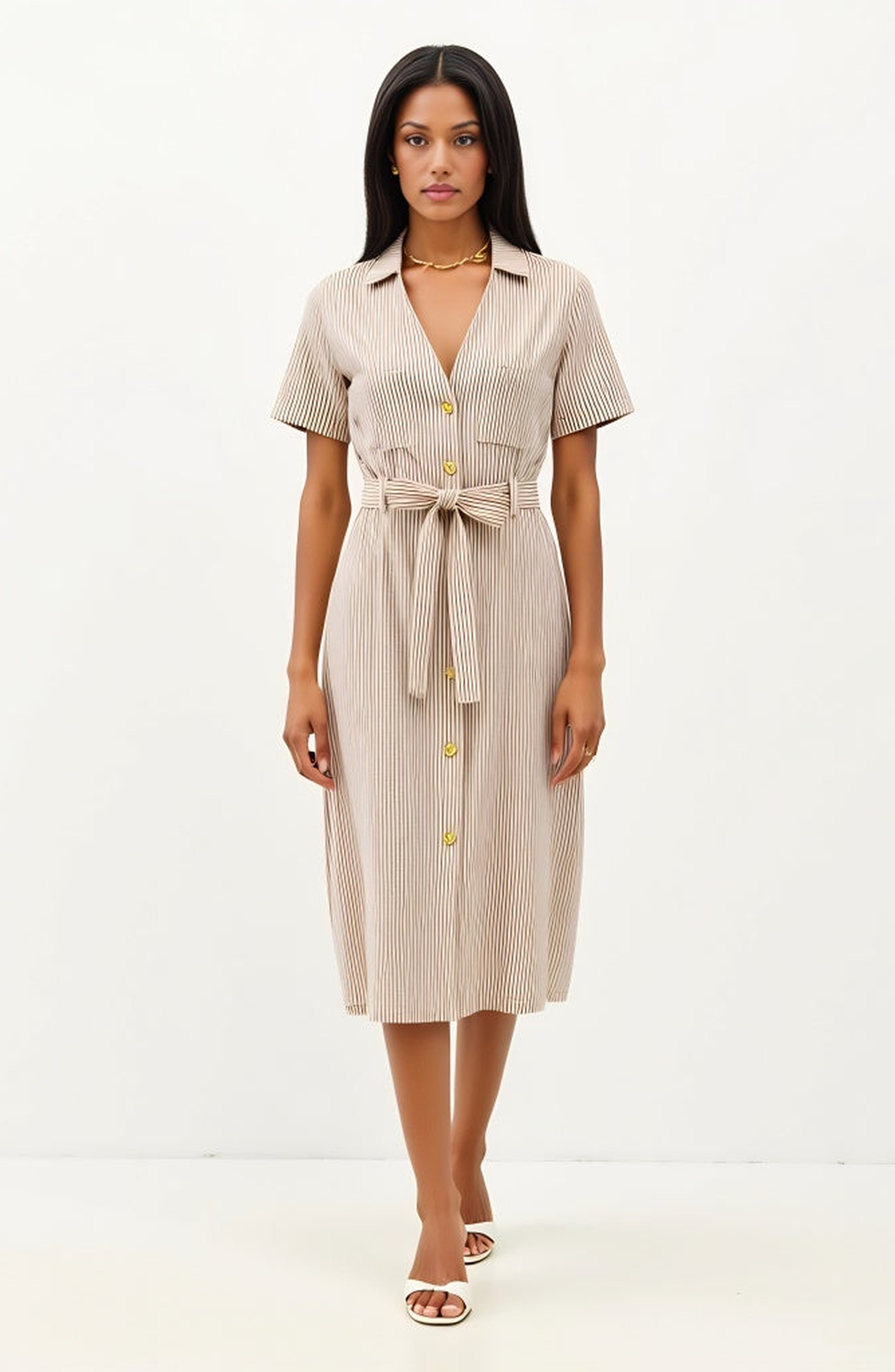 Striped Button-Down Midi Dress with Waist Tie and Collared Neckline - image 1
