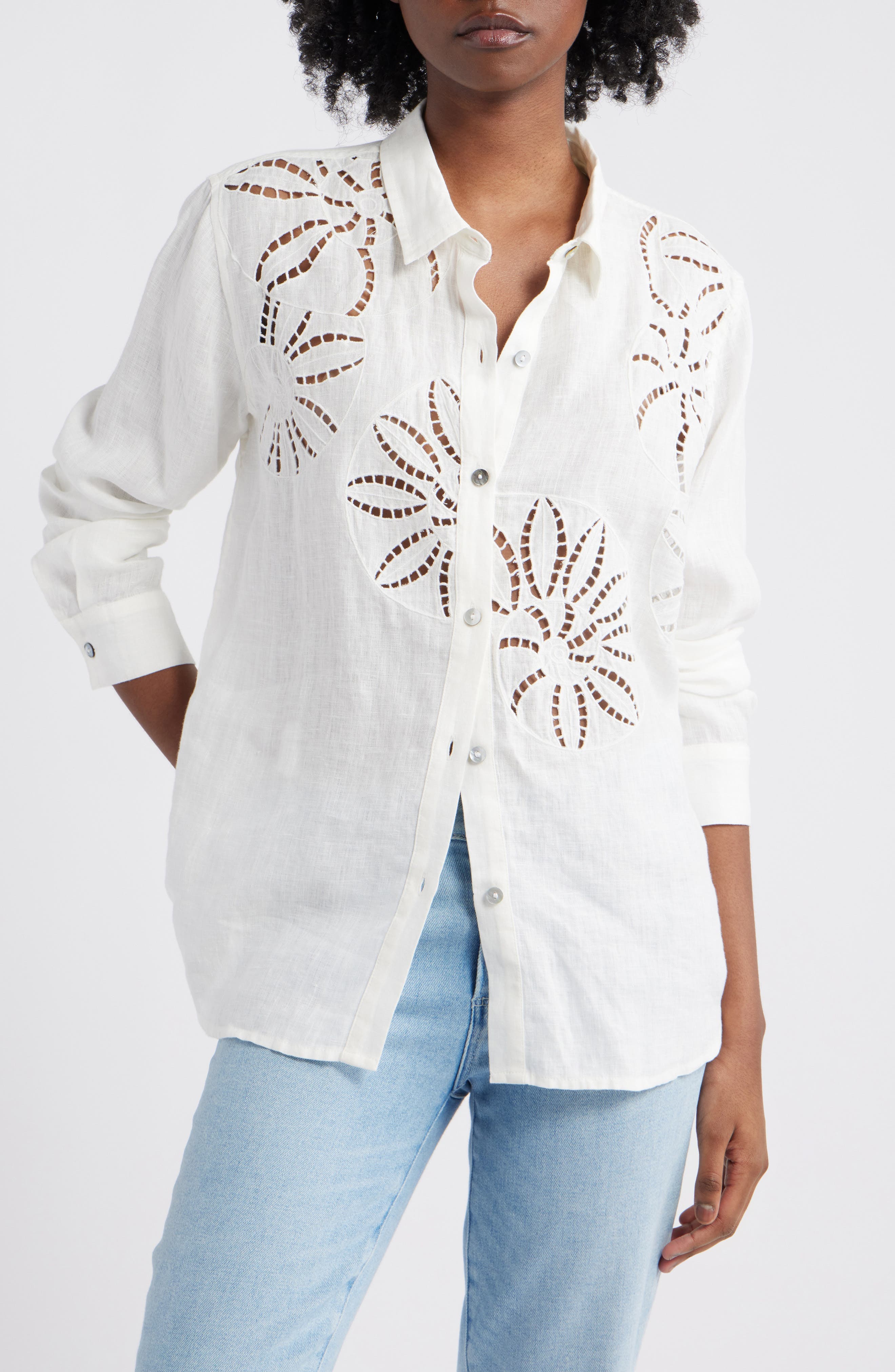 Samar Floral Embroidery Detail Linen Blend Button-Up Shirt - image 1