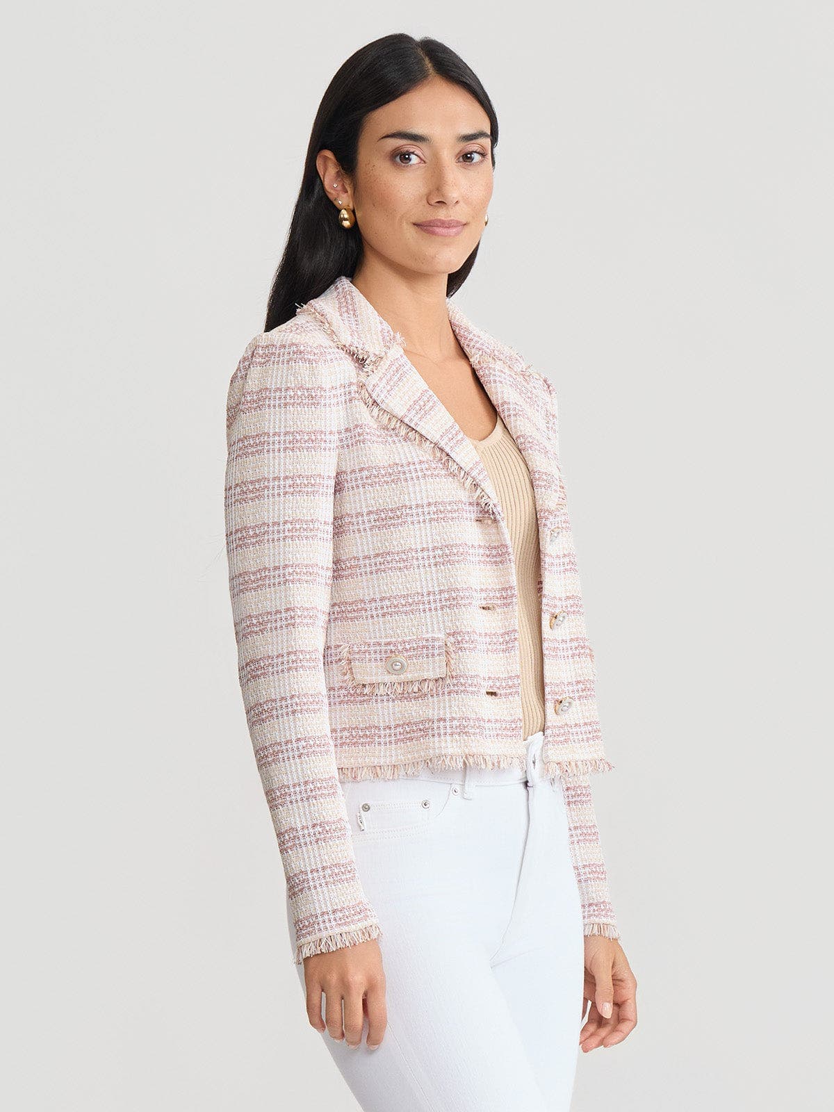 Relaxed Plaid Fringe Trim Knit Jacket - image 2
