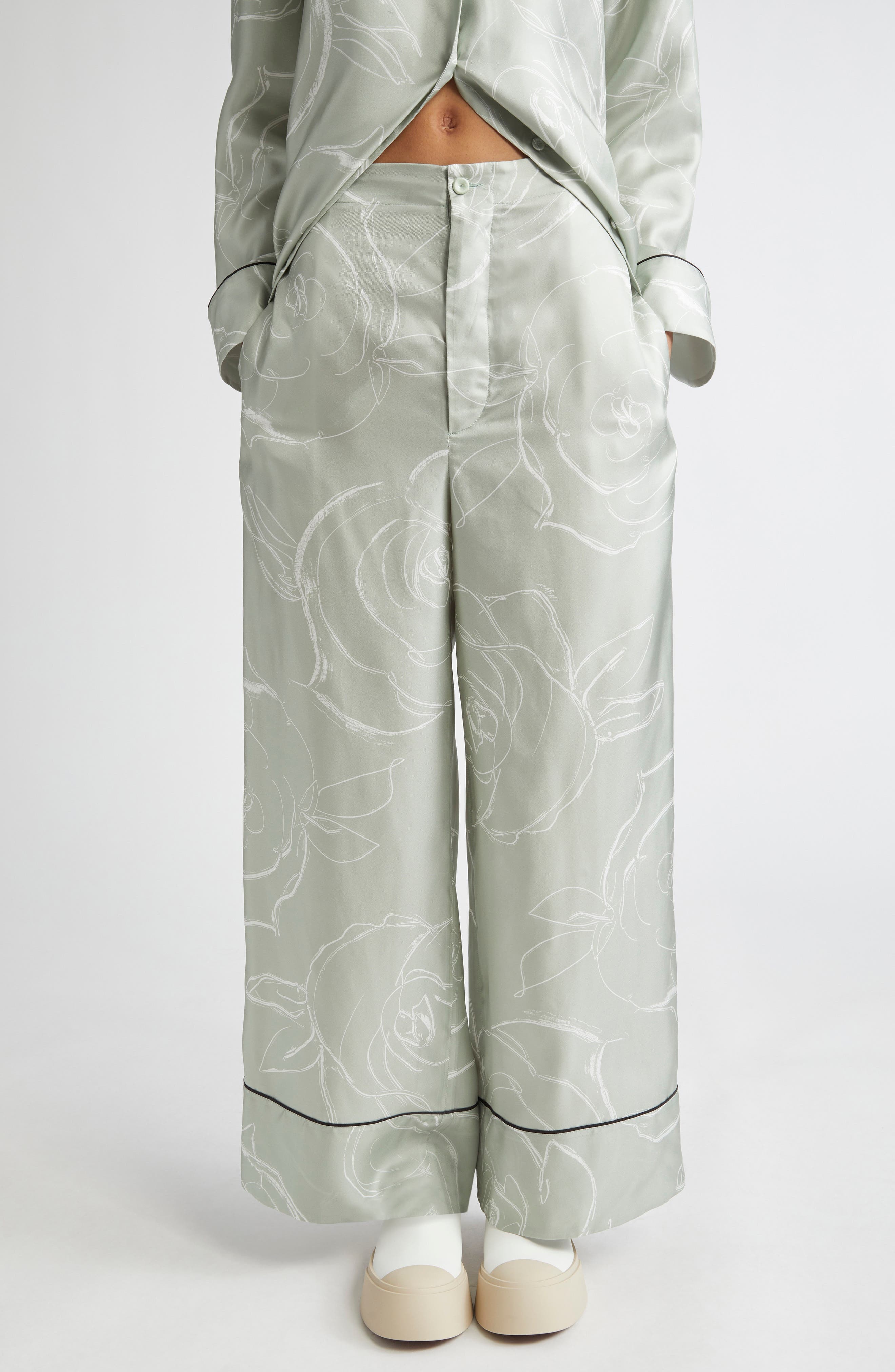 Rose Print Silk Pajama Pants - image 1