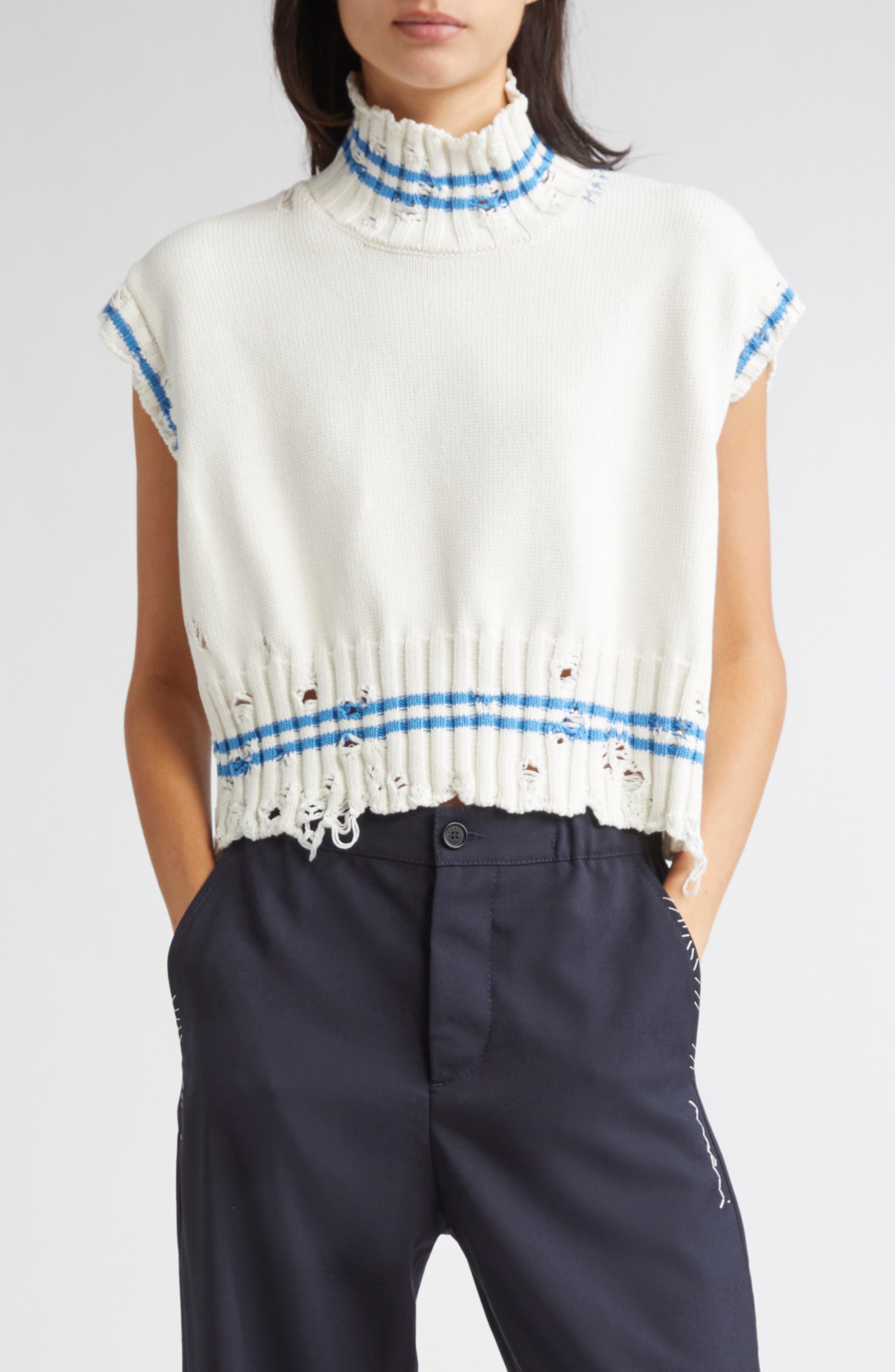 Mending Logo Distressed Boxy Cotton Turtleneck Sweater - image 1