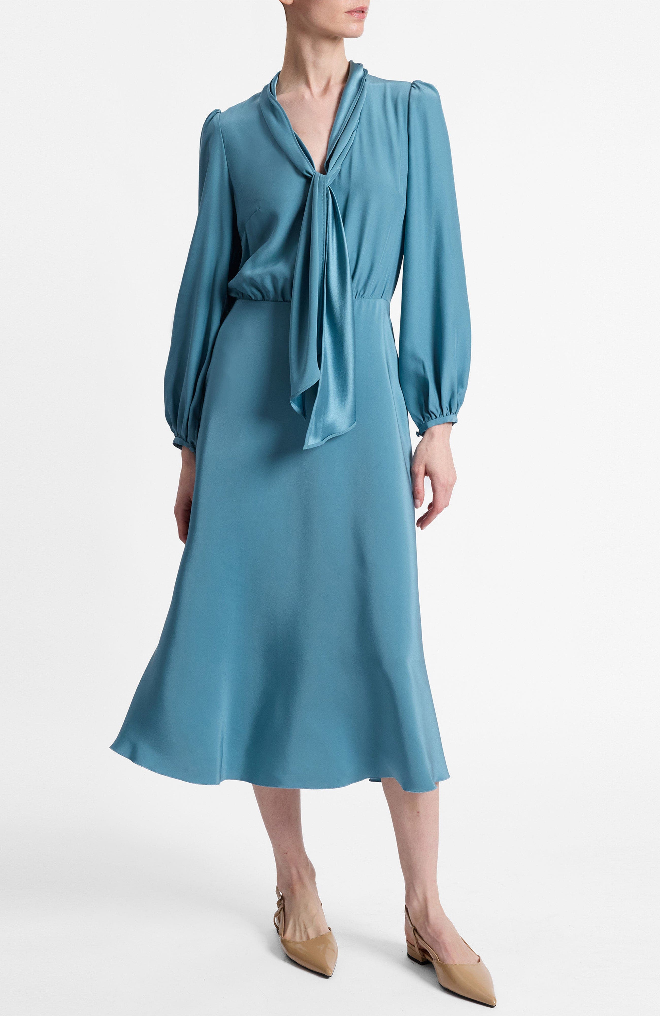 Jenn Long Sleeve Silk Midi Tie-Neck Dress - image 1