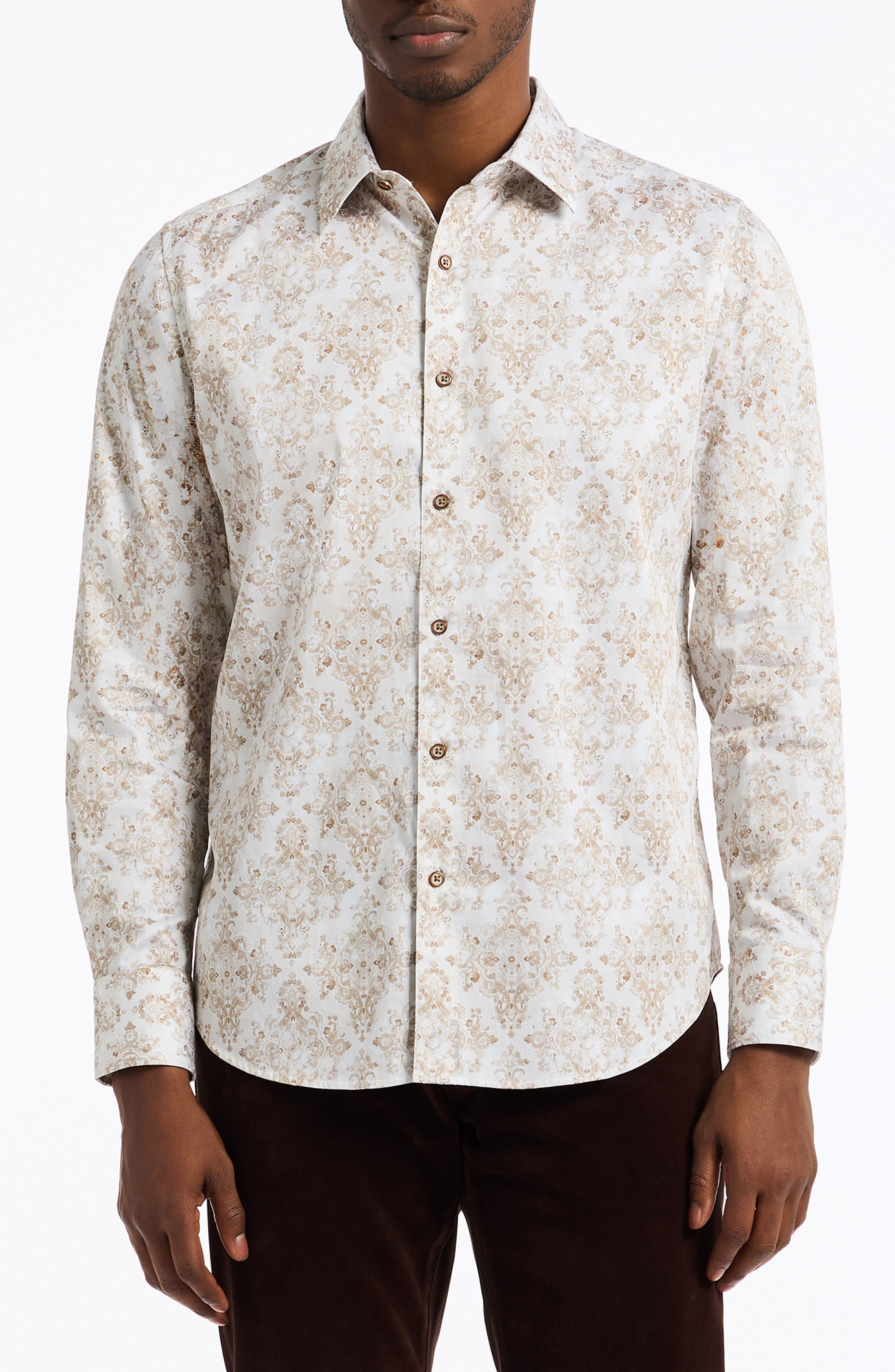 Delancey Damask Print Stretch Cotton Button-Up Shirt - image 1