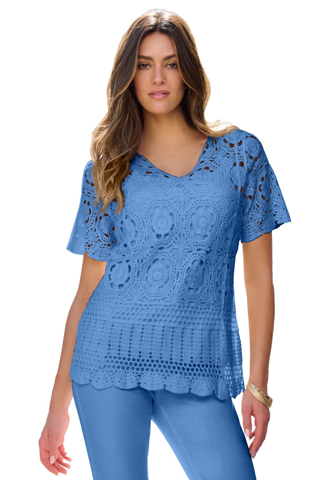 Plus Size Medallion Pattern French Crochet Sweater Top - image 3