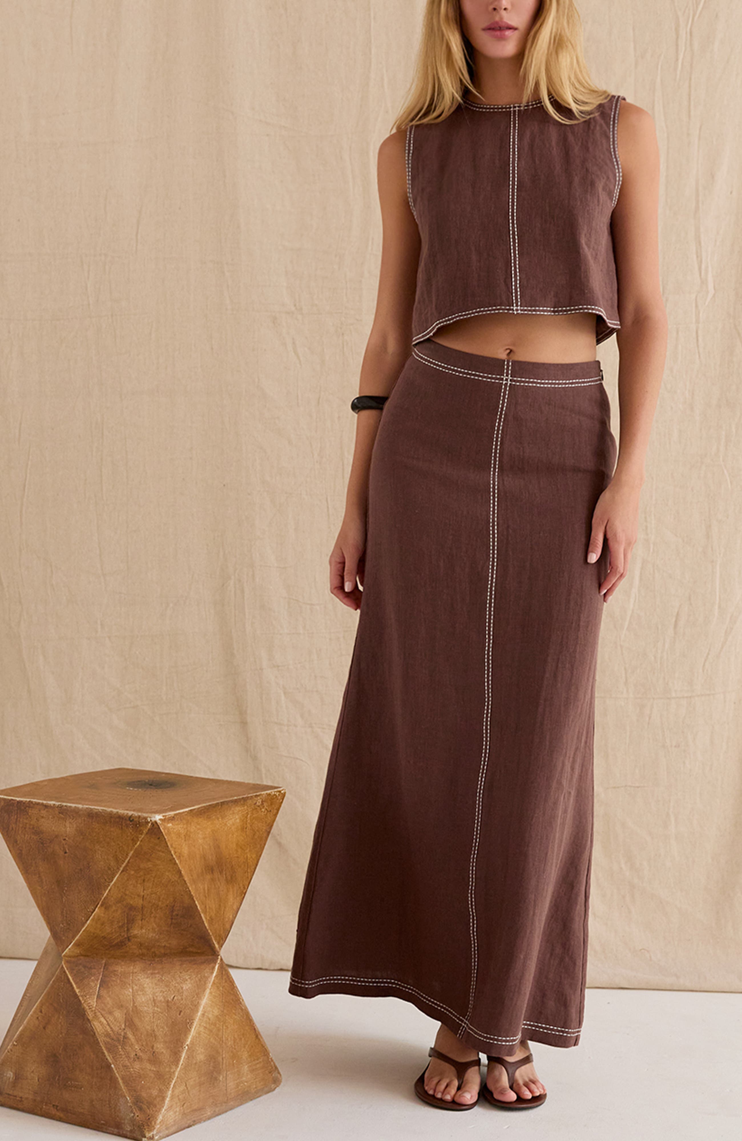 Embroidered Contrast Stitch Linen Maxi Skirt - image 4