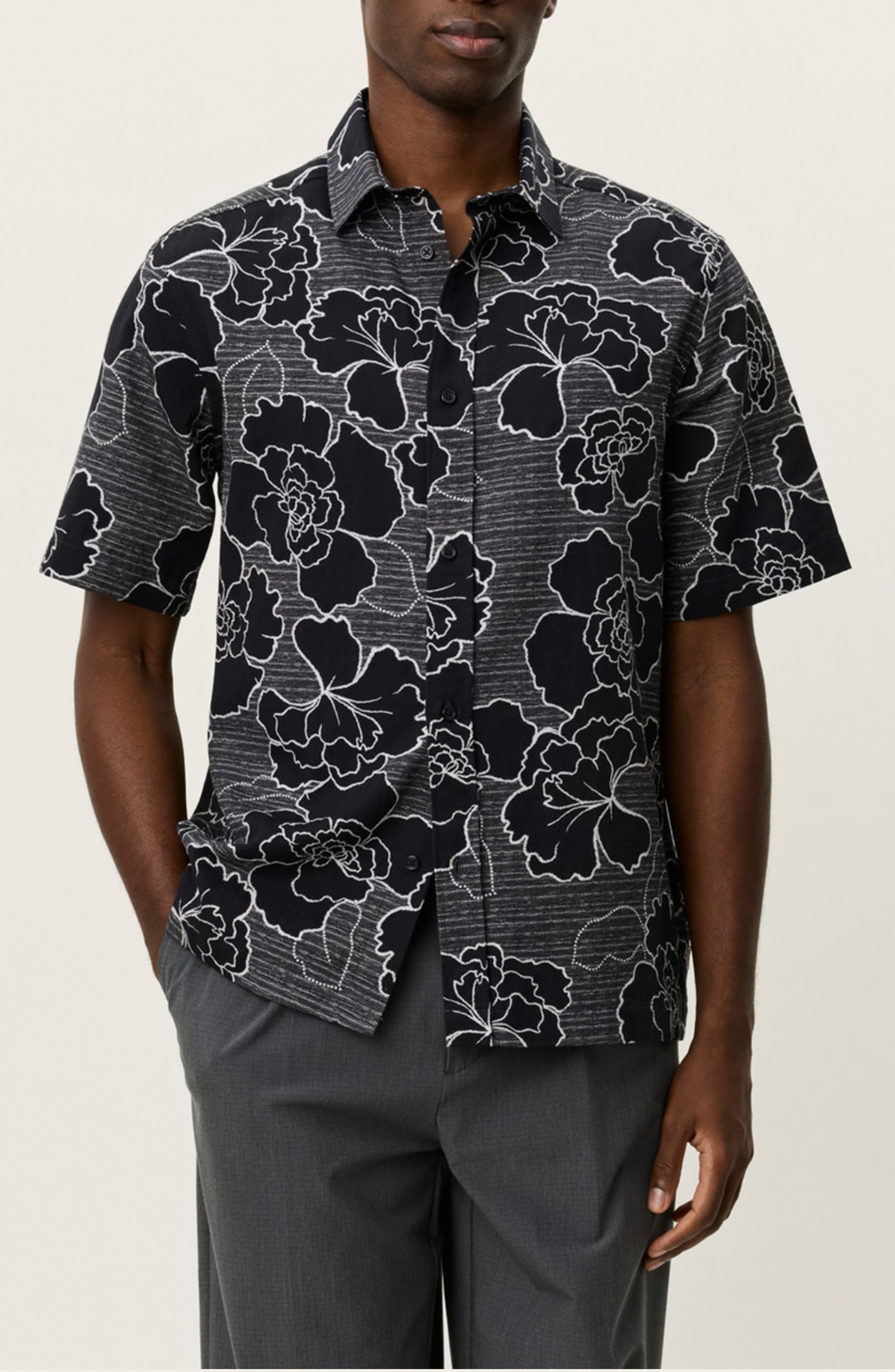 Charlie Poppy Pattern Short Sleeve Knit Cotton Blend Button-Up Shirt - image 1
