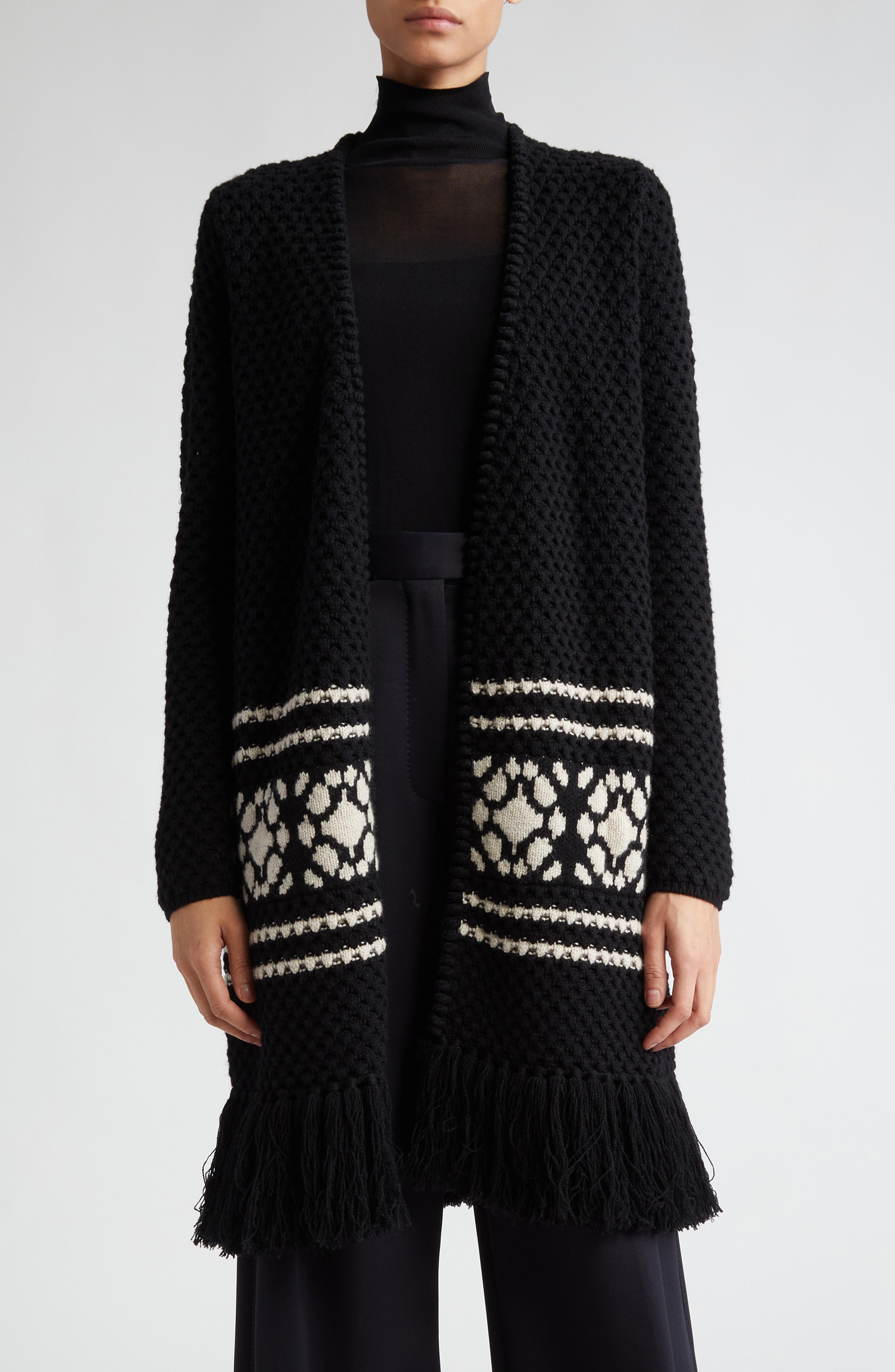 Orione Longline Tie Waist Fringe Trim Wool & Cashmere Cardigan - image 1