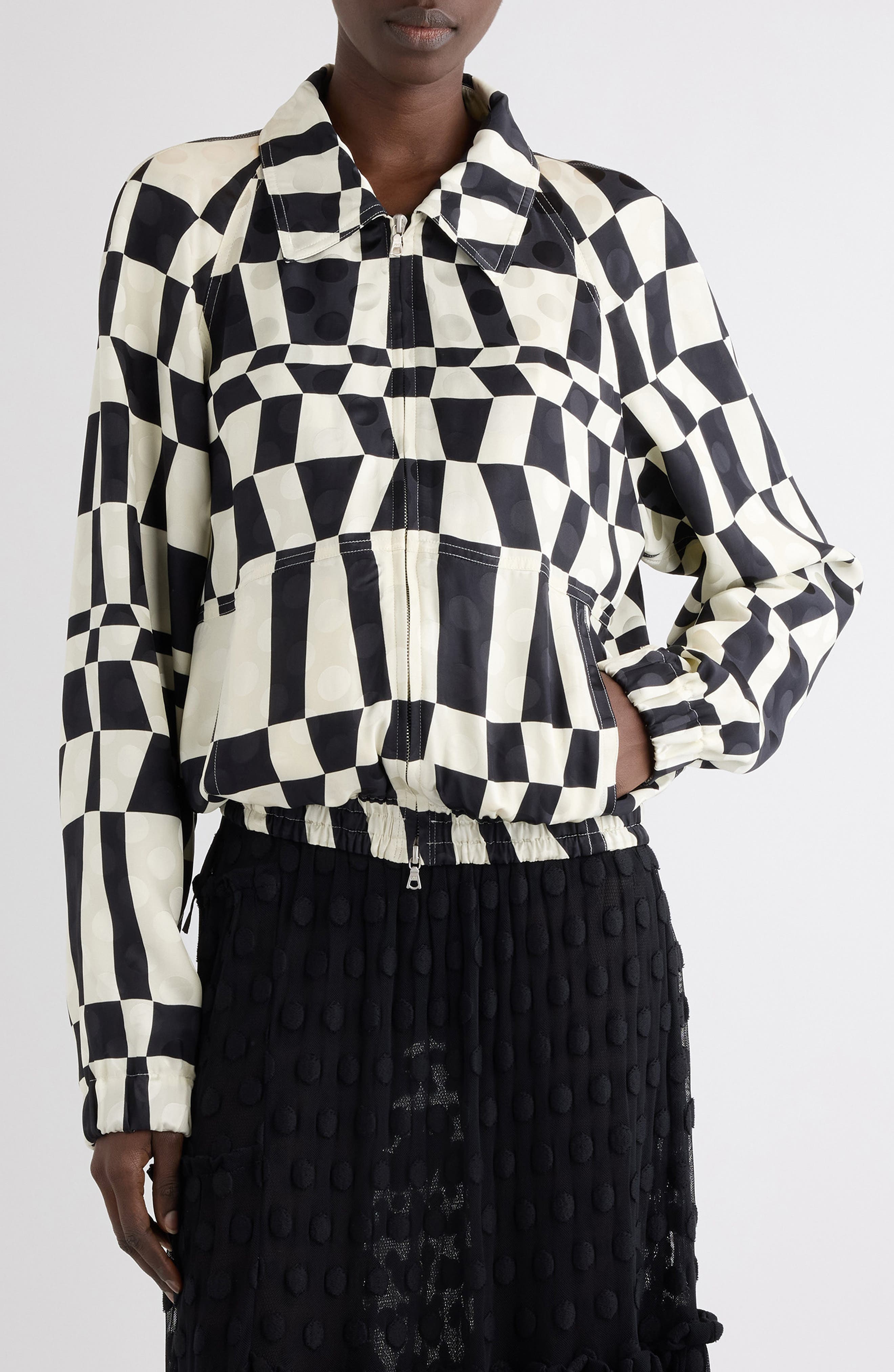 Optical Squares & Polka Dot Satin Bomber Jacket - image 1