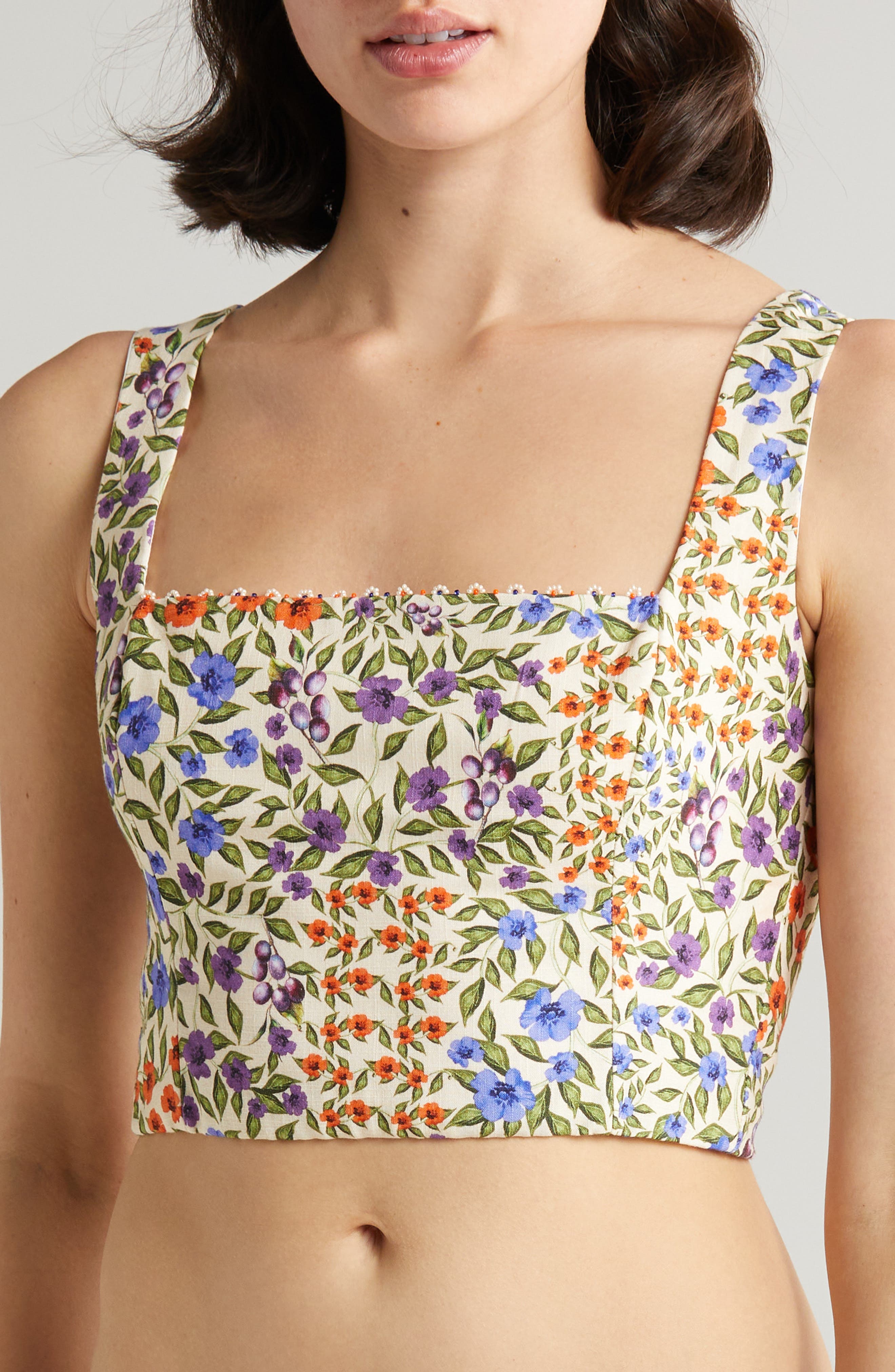 Kosia Floral Beaded Cotton Crop Cover-Up Top - image 1