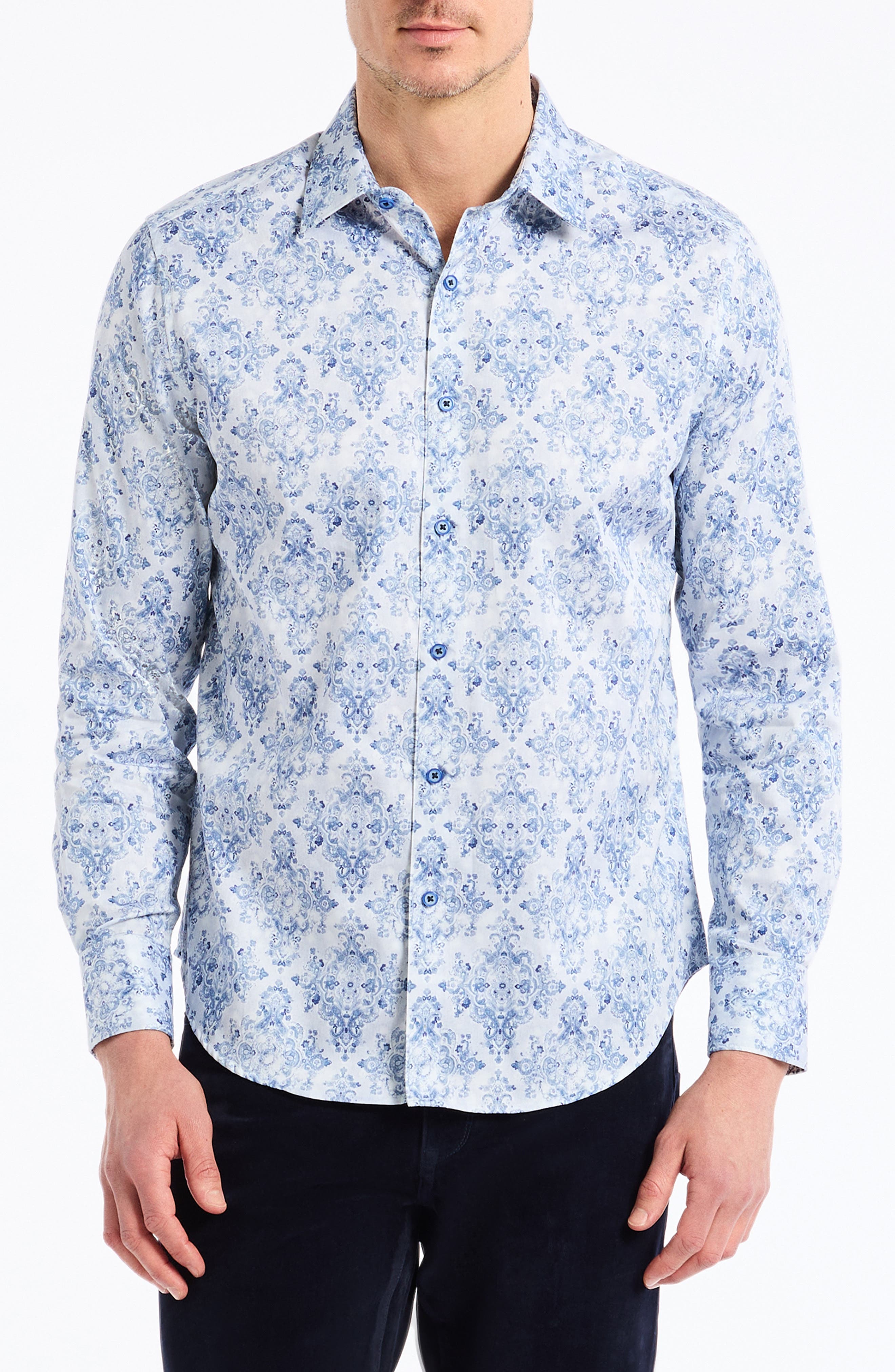 Delancey Damask Print Stretch Cotton Button-Up Shirt - image 1
