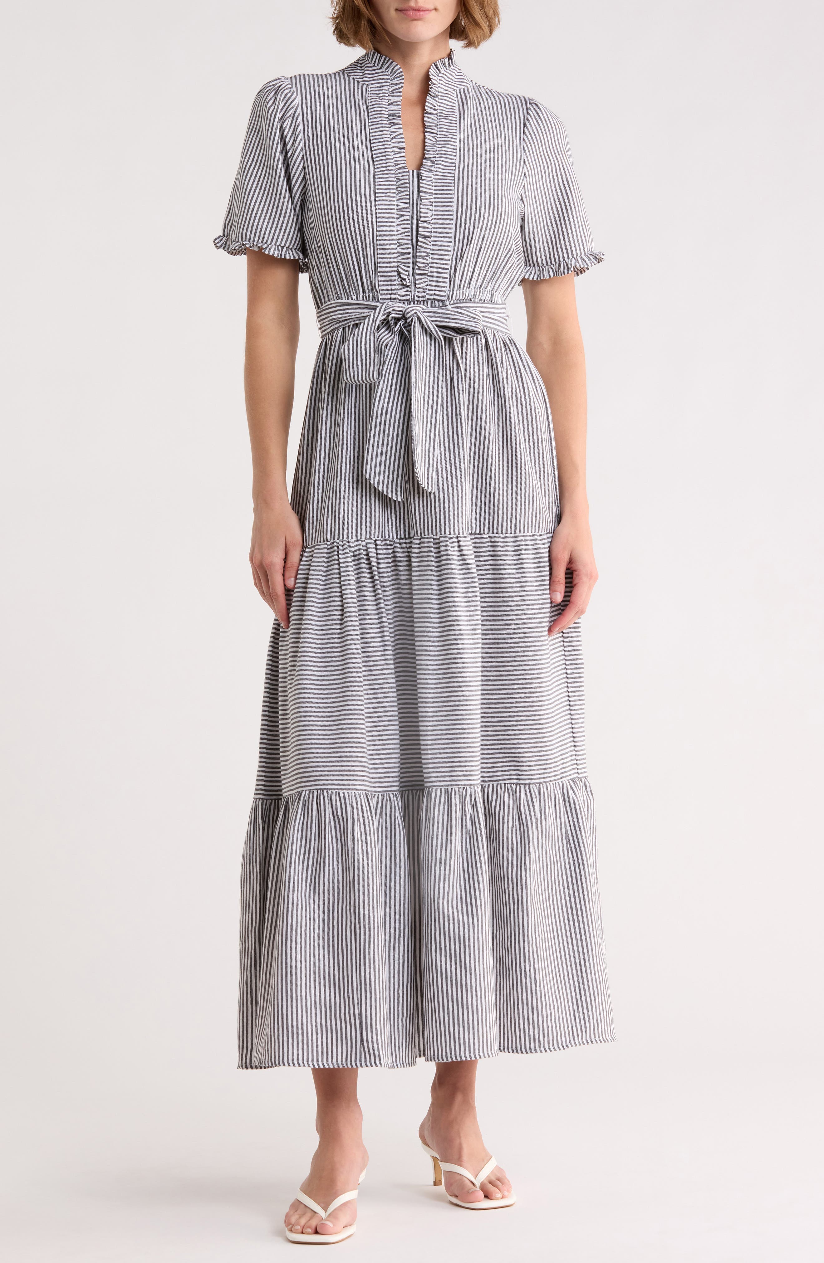 Stripe Short Sleeve Cotton Seersucker Maxi Dress - image 1