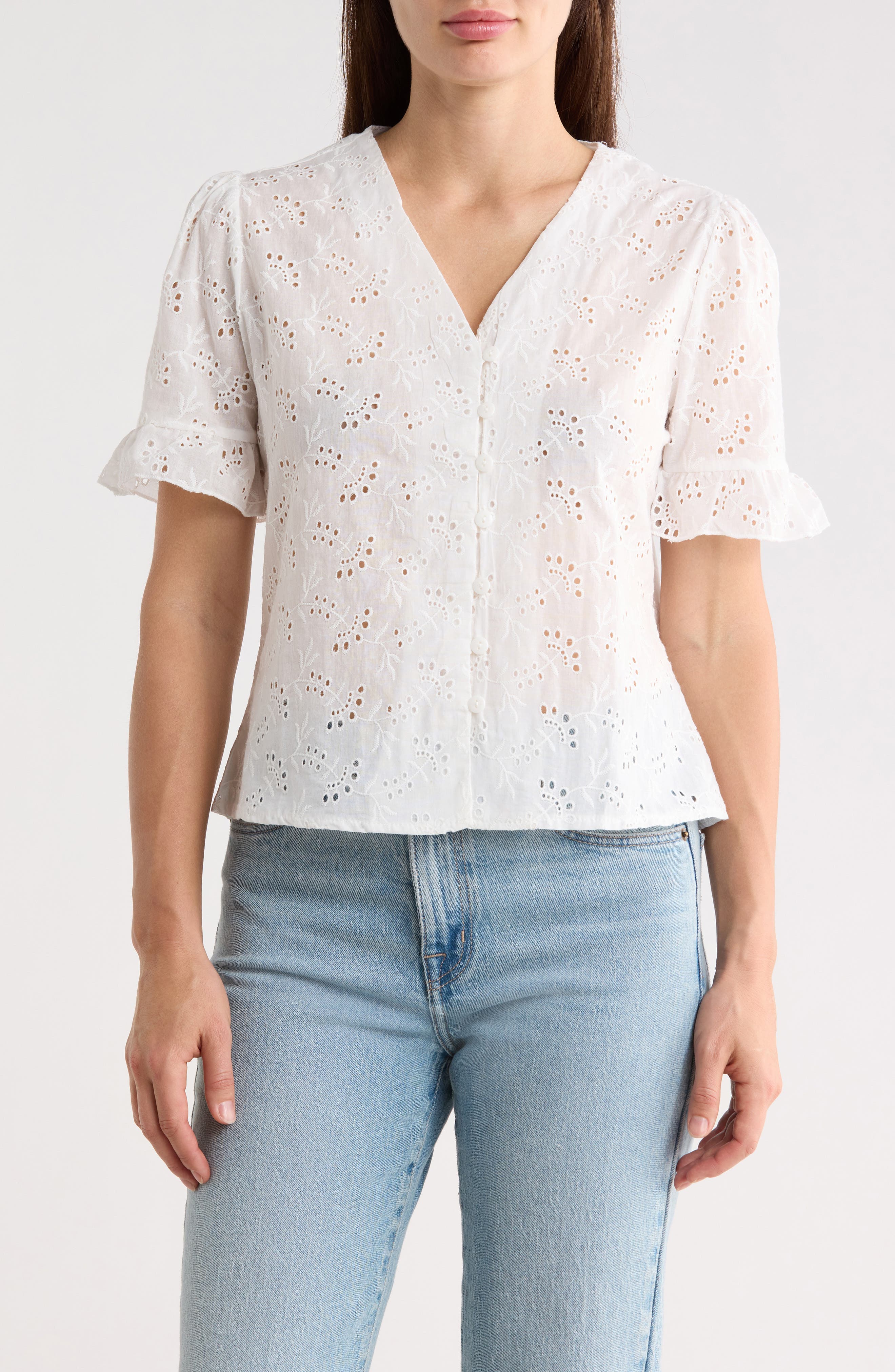 Cotton Broderie Anglaise Button-Up Top - image 1