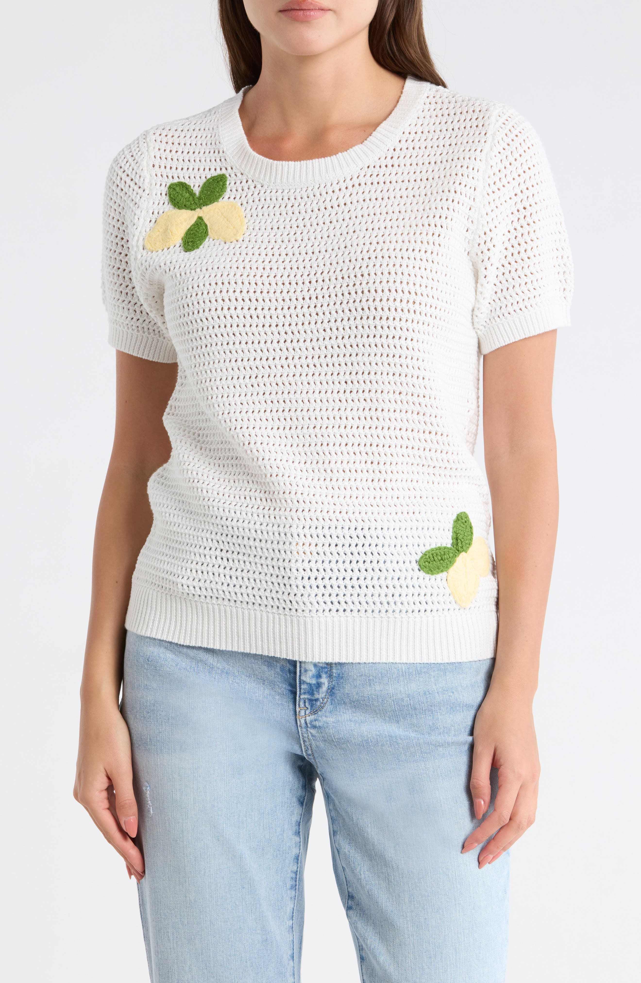 Short Sleeve Lemon Open Stitch Sweater - image 1