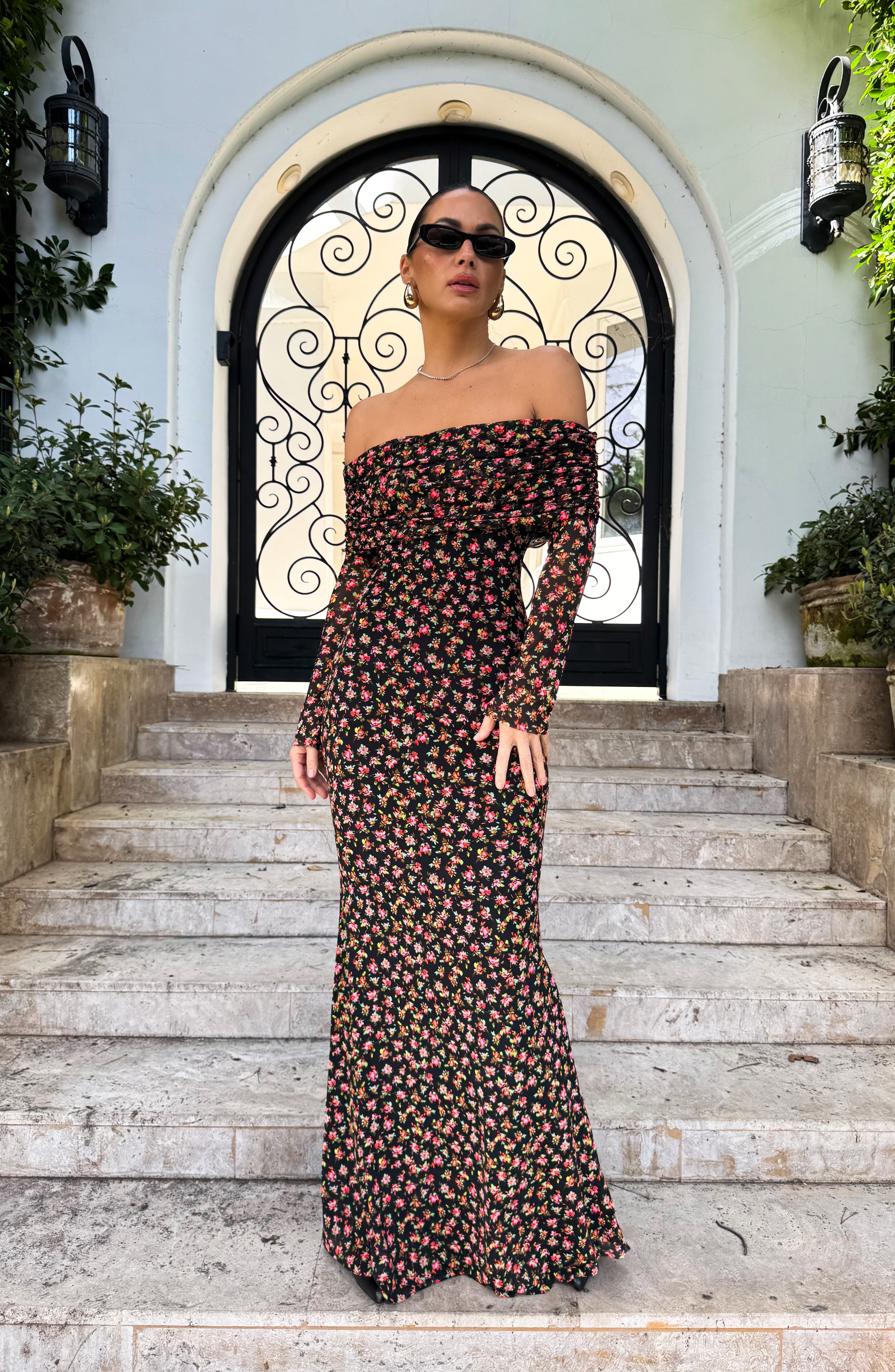 Thelma Print Off the Shoulder Long Sleeve Mesh Maxi Dress - image 2