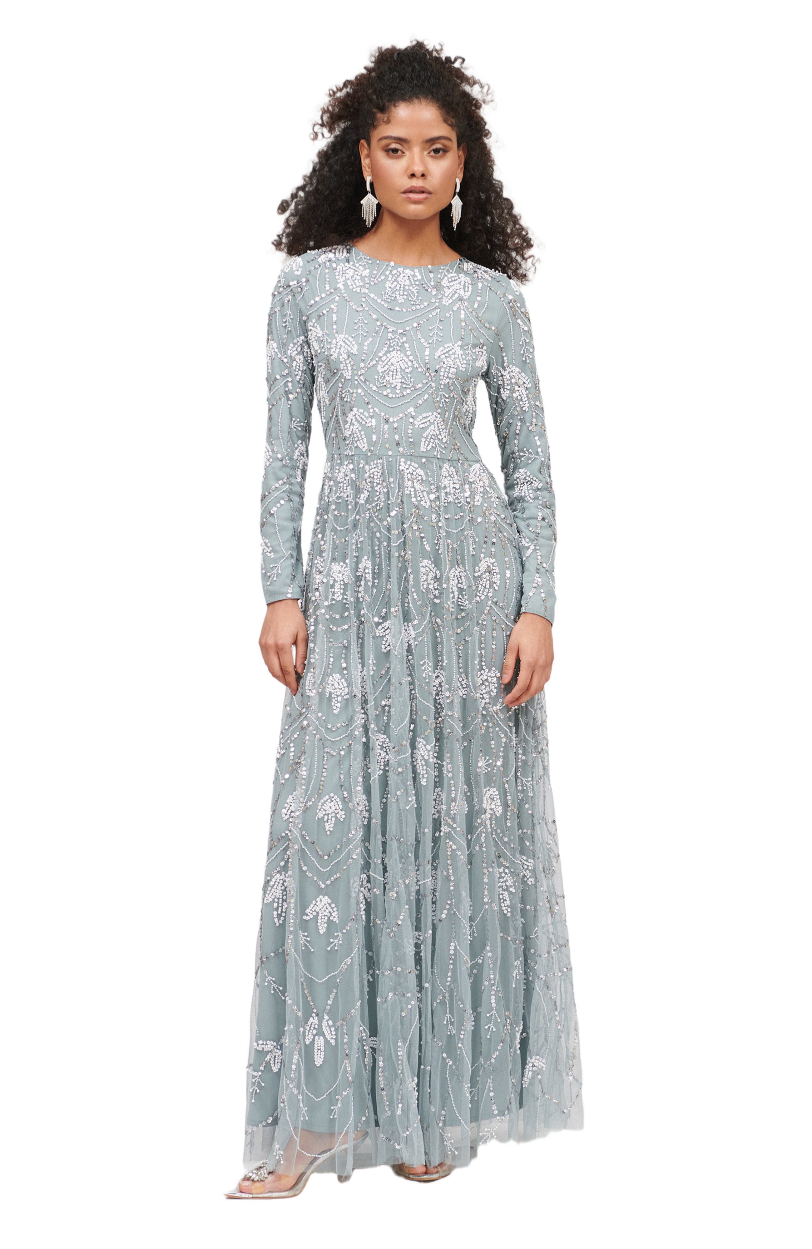 Occasion Modest Embellished Sequin Beaded Floral Evening Maxi Dress - image 1