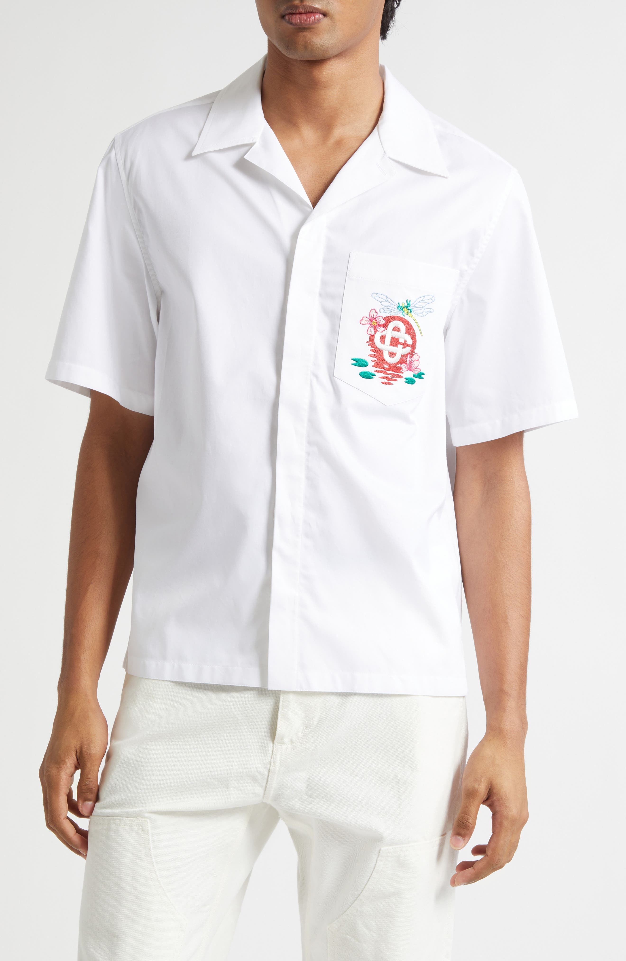 Embroidered Cotton Poplin Short Sleeve Button-Up Shirt - image 1