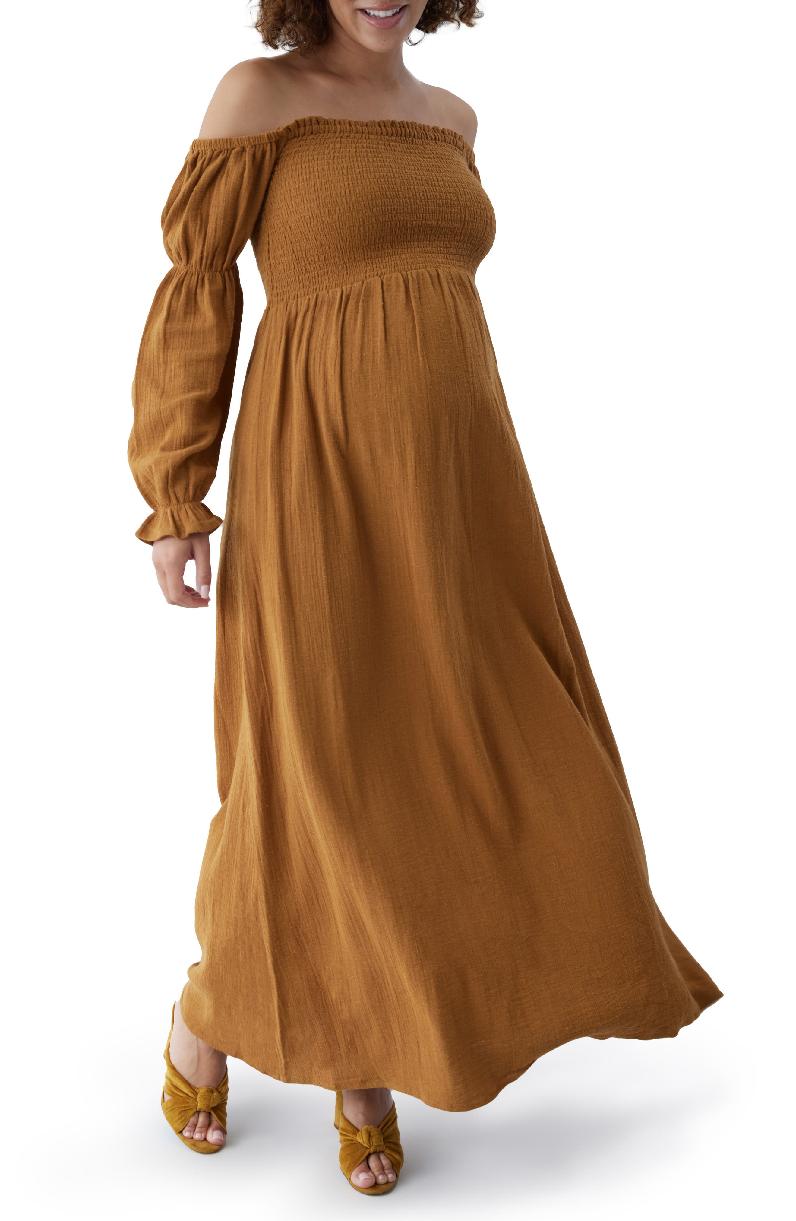 The Dream Off the Shoulder Long Sleeve Cotton Maternity Midi Dress - image 1