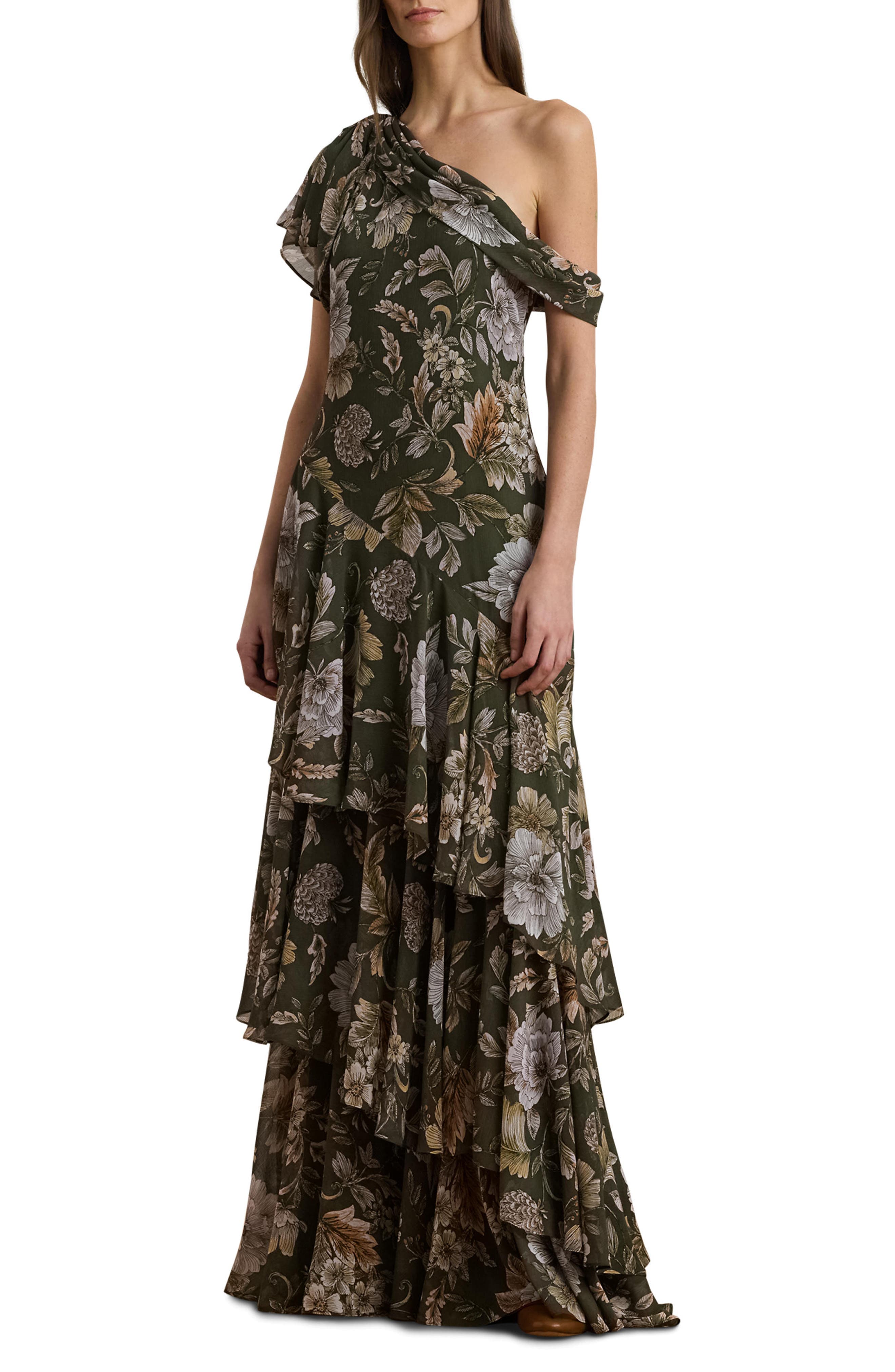 Floral One-Shoulder Georgette Gown - image 1